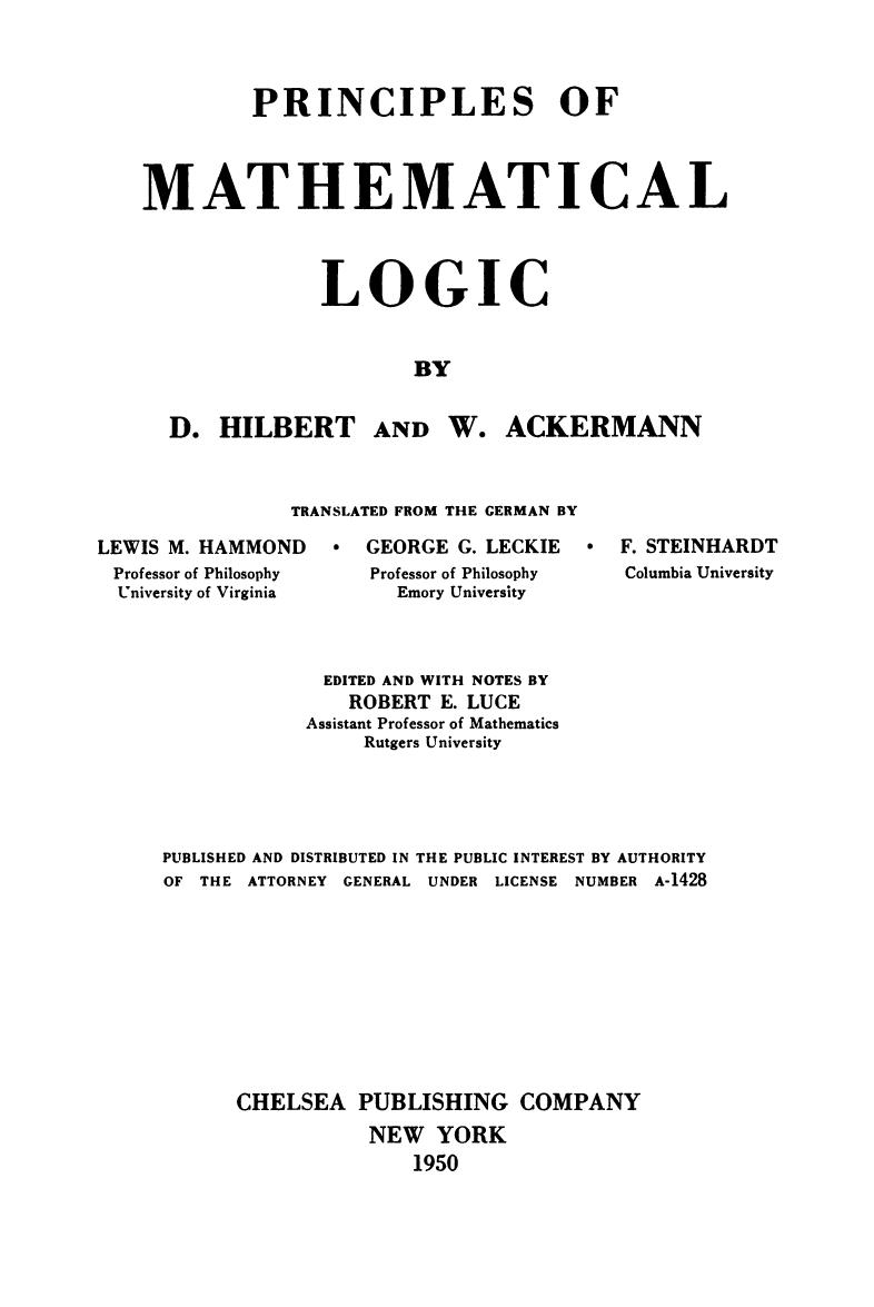 Principles of Mathematical Logic by David Hilbert & W. Ackermann