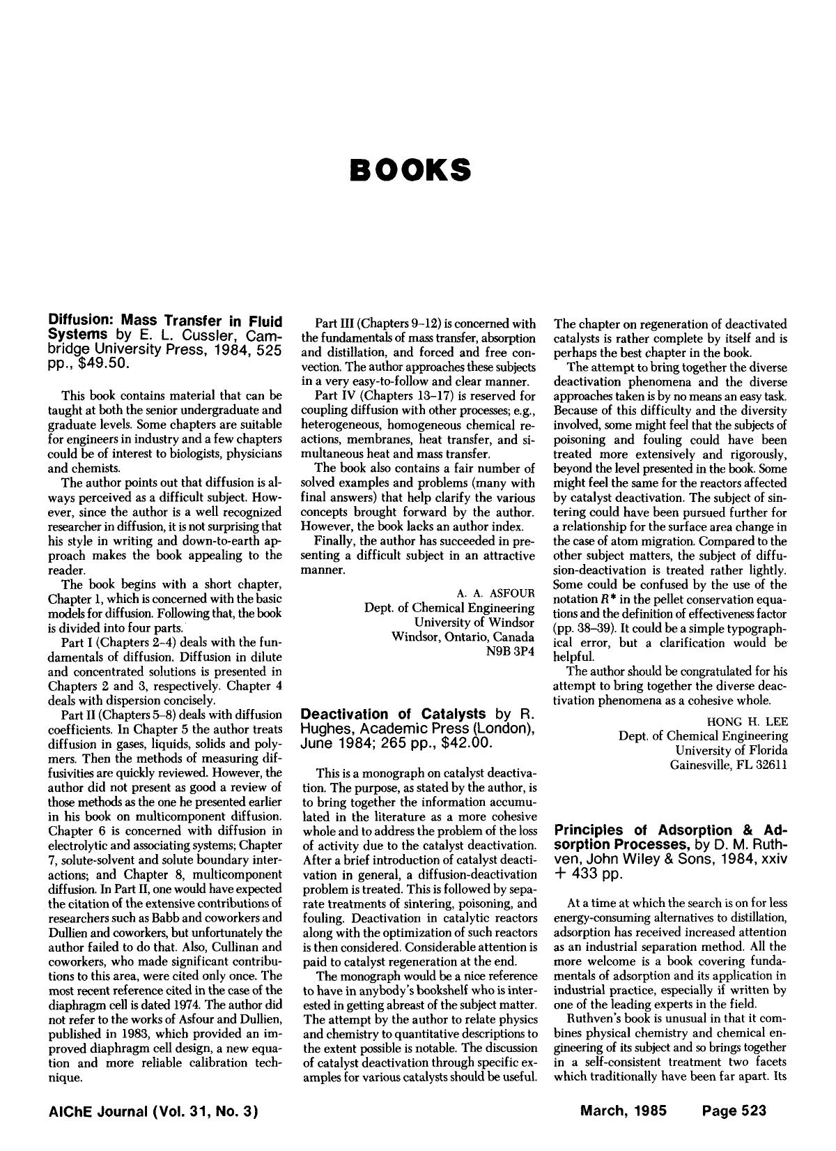 Principles of adsorption & adsorption processes, by D. M. Ruthven, John Wiley & Sons, 1984, xxiv + 433 pp by Unknown