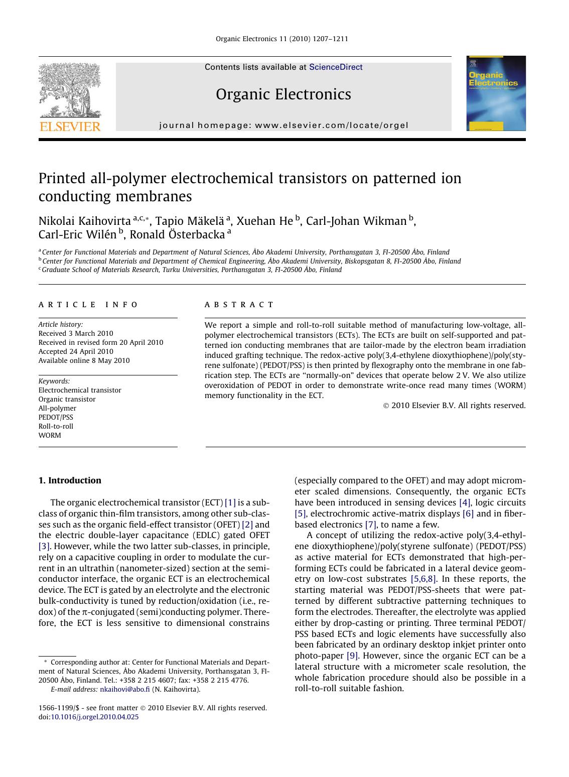 Printed all-polymer electrochemical transistors on patterned ion conducting membranes by unknow