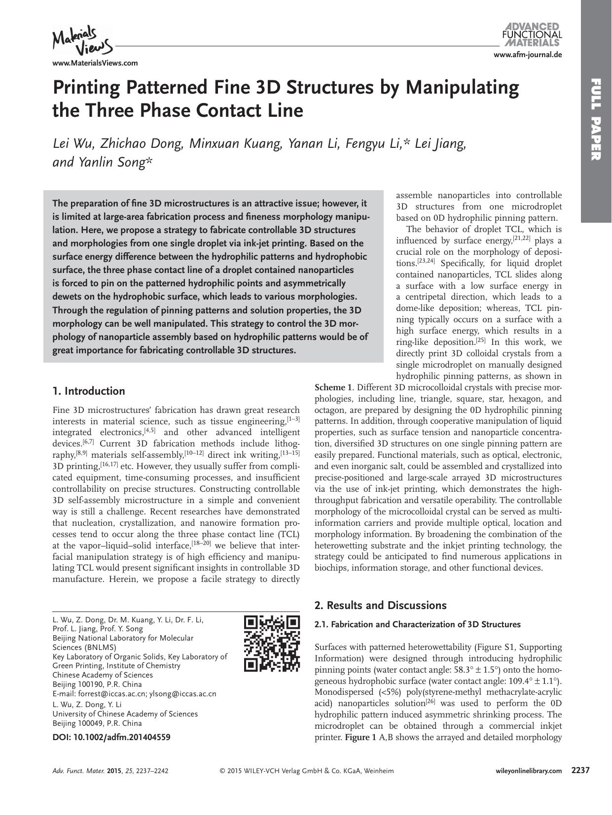 Printing Patterned Fine 3D Structures by Manipulating the Three Phase Contact Line by Unknown