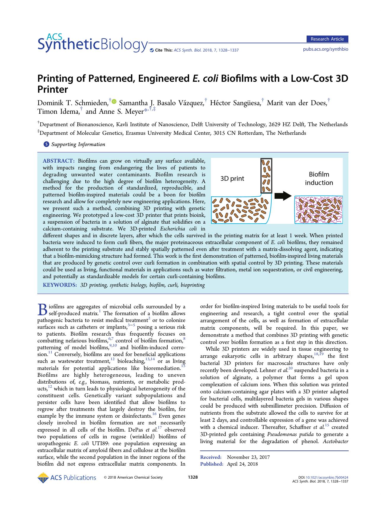 Printing of Patterned, Engineered E.Â coli Biofilms with a Low-Cost 3D Printer by unknow
