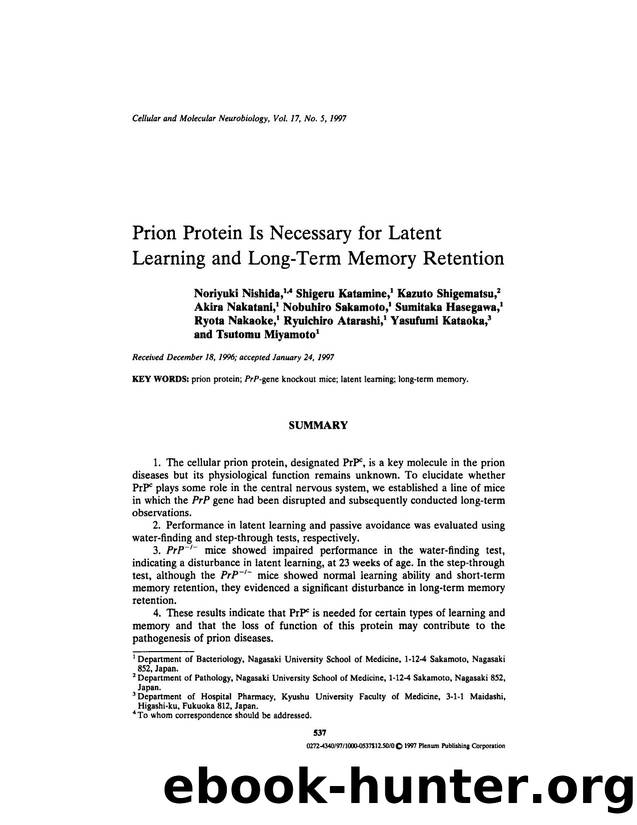 Prion Protein Is Necessary for Latent Learning and Long-Term Memory Retention by Unknown