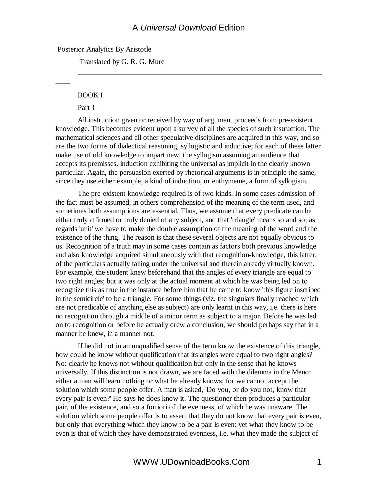 Prior Analytics and Posterior Analytics by Aristotle A. J. Jenkinson G. R. G. Mure