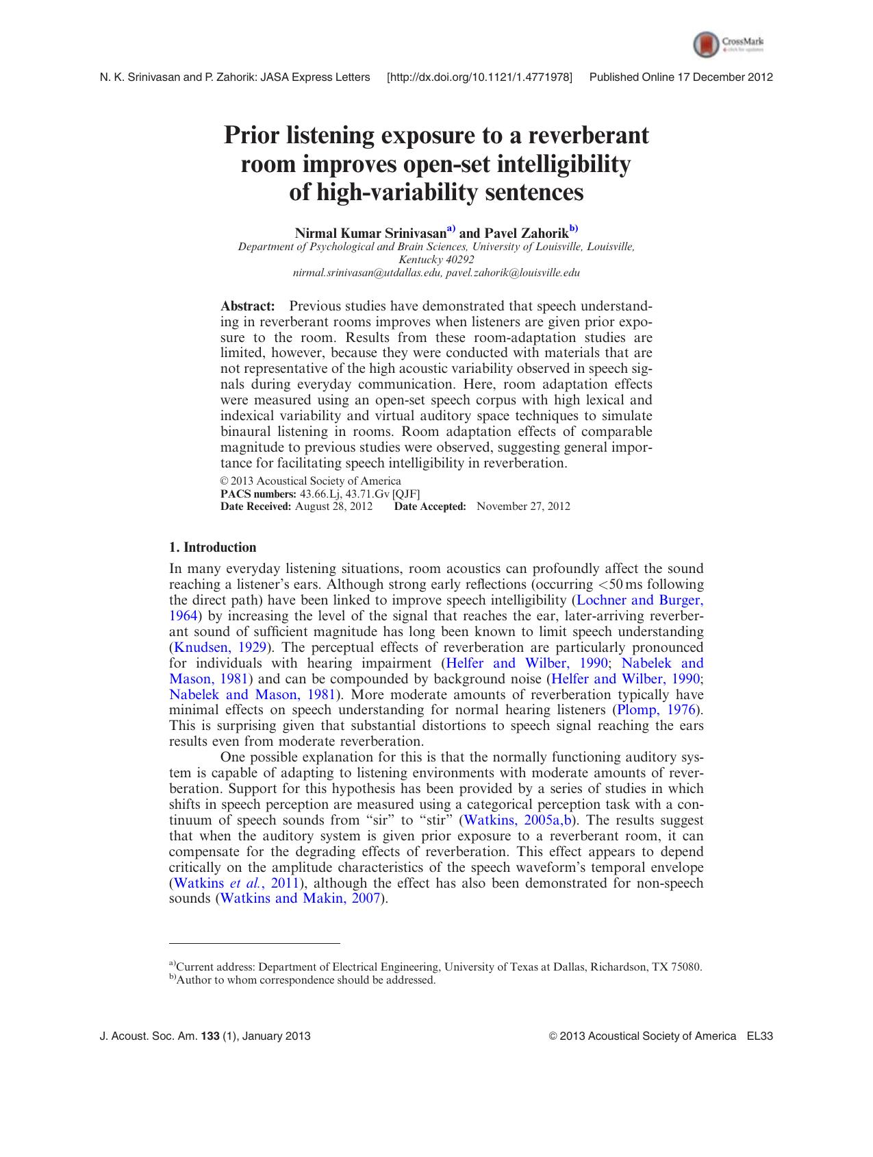 Prior listening exposure to a reverberant room improves open-set intelligibility of high-variability sentences by Nirmal Kumar Srinivasana) and Pavel Zahorikb)
