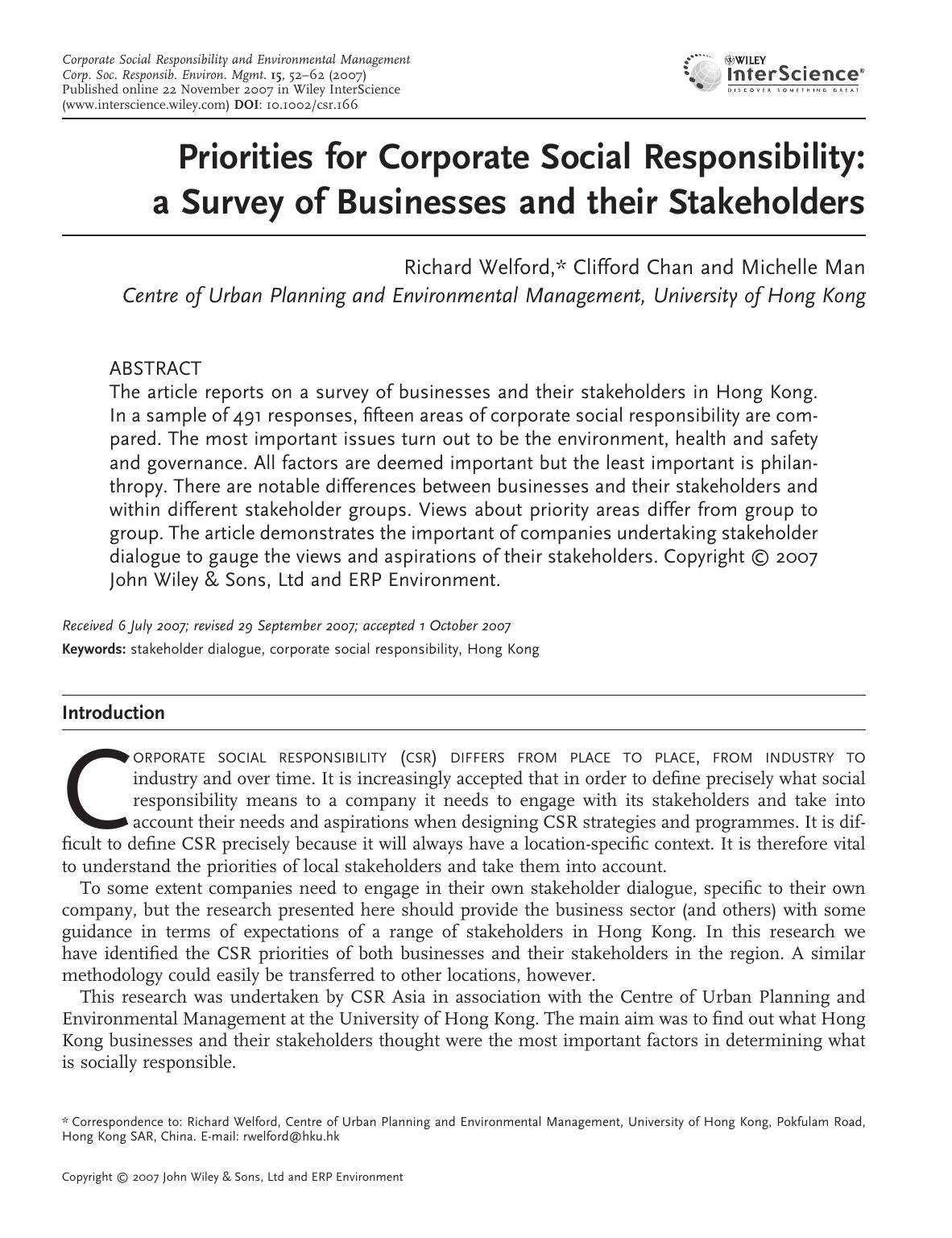 Priorities for corporate social responsibility: a survey of businesses and their stakeholders by owner