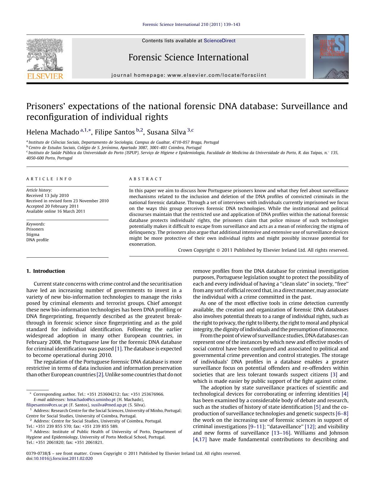 PrisonersÃ¢â¬â¢ expectations of the national forensic DNA database: Surveillance and reconfiguration of individual rights by Helena Machado