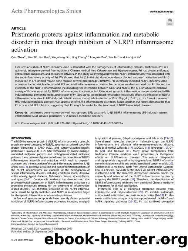 Pristimerin protects against inflammation and metabolic disorder in mice through inhibition of NLRP3 inflammasome activation by Qun Zhao & Yun Bi & Jian Guo & Ying-xiang Liu & Jing Zhong & Long-rui Pan & Yan Tan & Xian-jun Yu