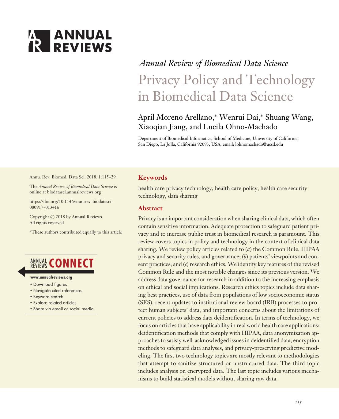 Privacy Policy and Technology in Biomedical Data Science by April Moreno Arellano Wenrui Dai Shuang Wang Xiaoqian Jiang and Lucila Ohno-Machado