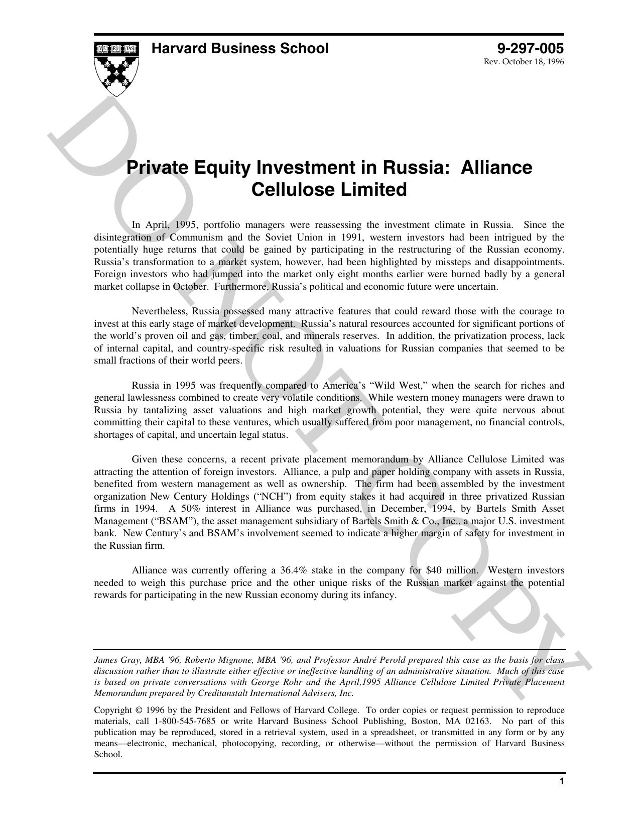 Private Equity Investment in Russia: Alliance Cellulose Limited by Perold André