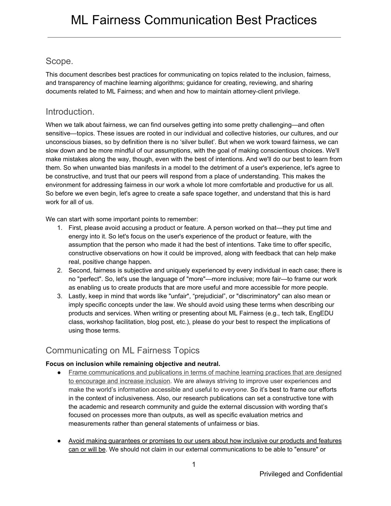 Privileged Confidential by ML Fairness Communication Best Practices