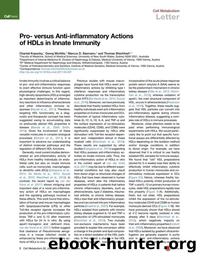 Pro- versus Anti-inflammatory Actions of HDLs in Innate Immunity by Chantal Kopecky & Georg Michlits & Marcus D. Säemann & Thomas Weichhart