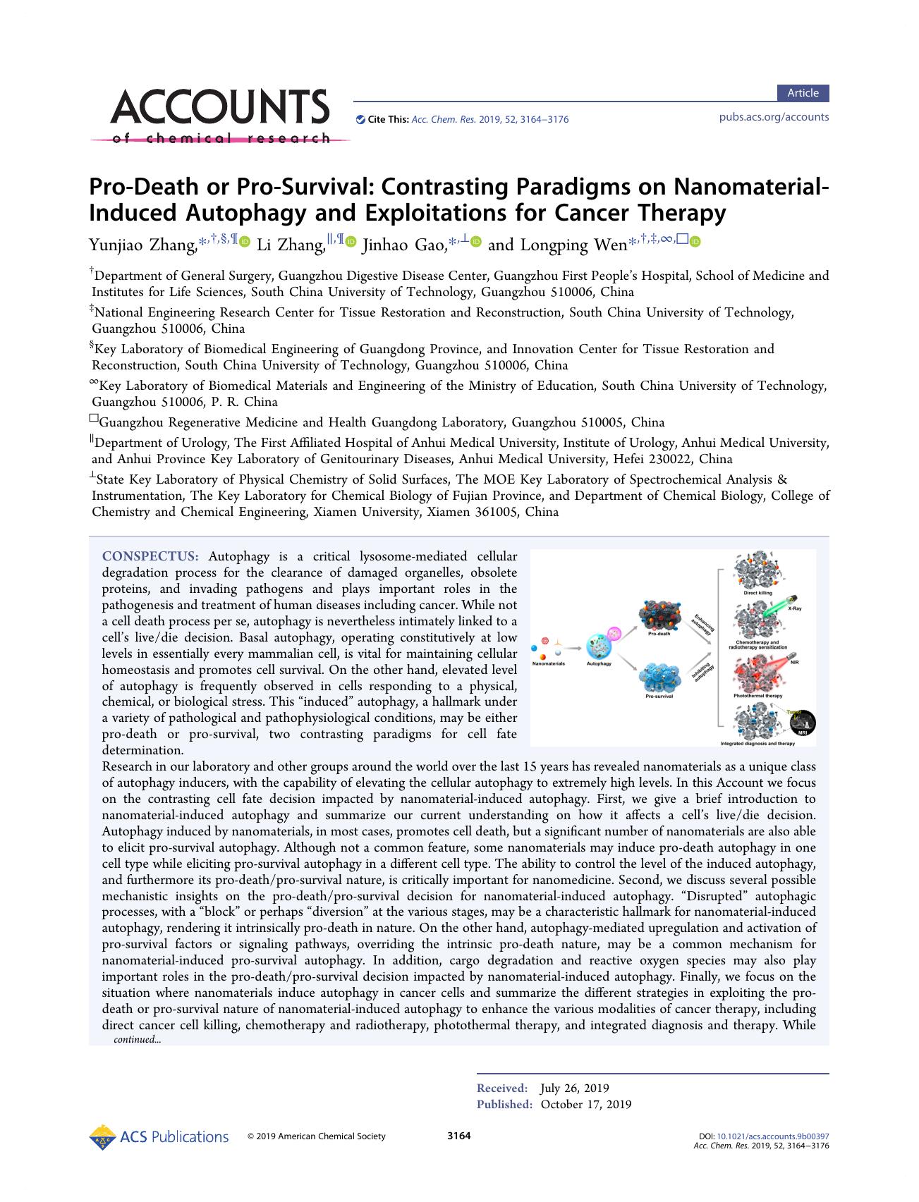 Pro-Death or Pro-Survival: Contrasting Paradigms on Nanomaterial-Induced Autophagy and Exploitations for Cancer Therapy by Yunjiao Zhang; Li Zhang; Jinhao Gao; Longping Wen & Li Zhang & Jinhao Gao & Longping Wen