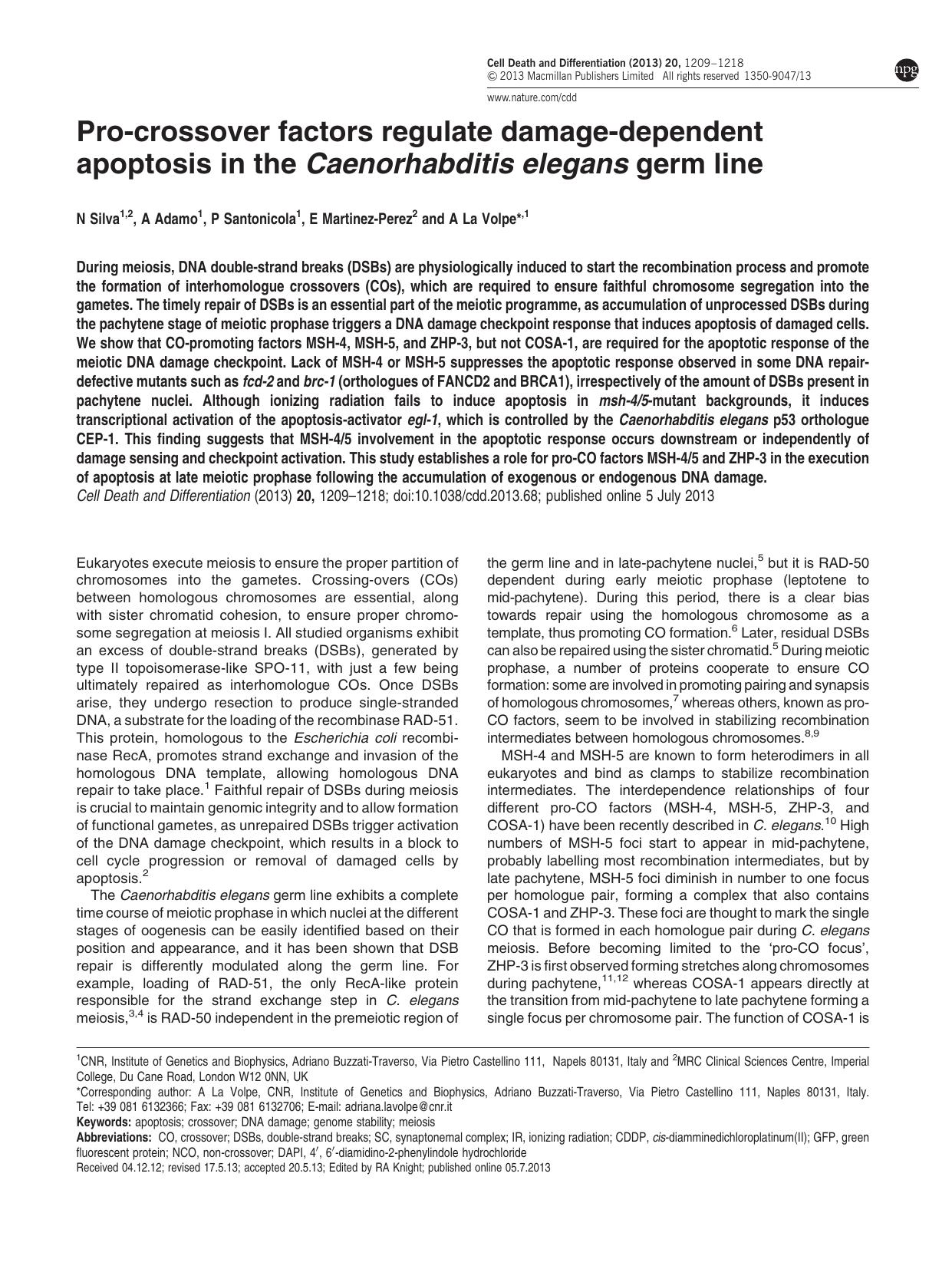 Pro-crossover factors regulate damage-dependent apoptosis in the Caenorhabditis elegans germ line by N Silva & A Adamo & P Santonicola & E Martinez-Perez & A La Volpe