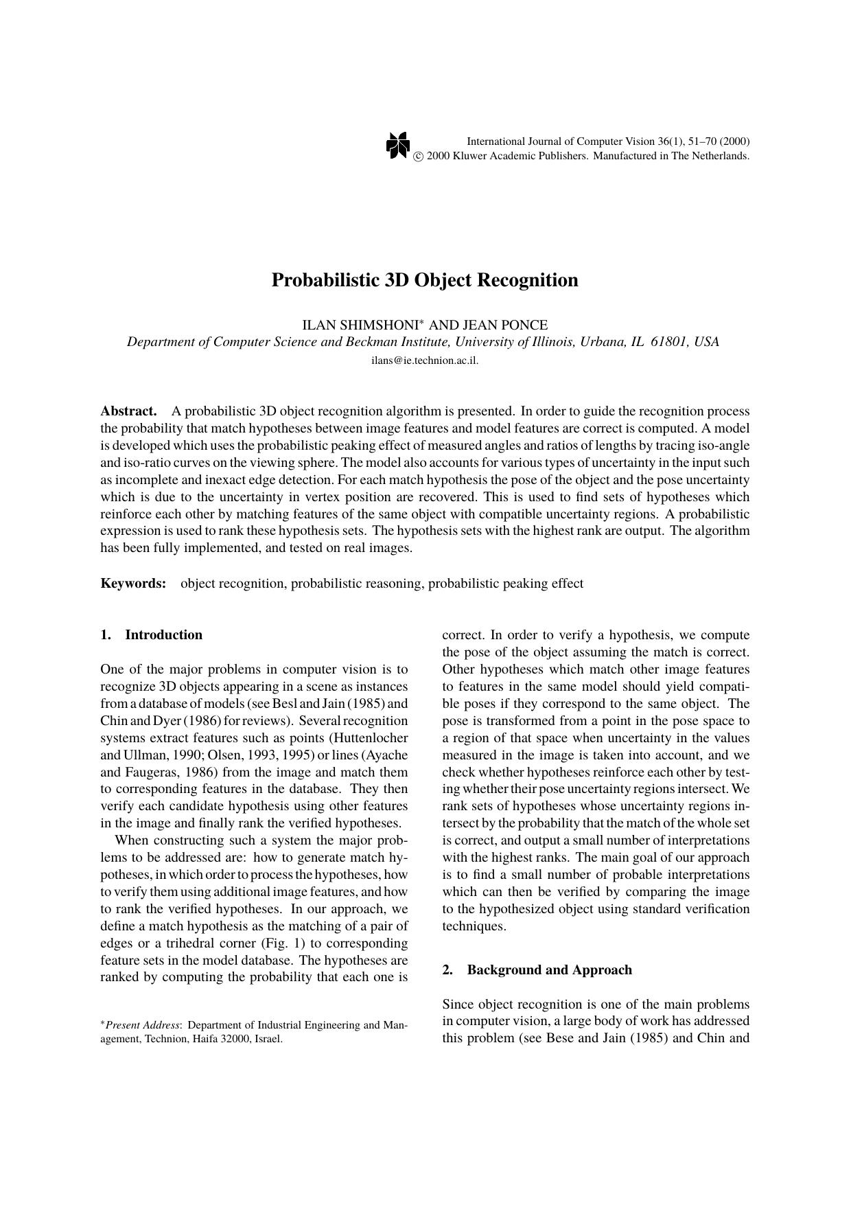 Probabilistic 3D Object Recognition by Probabilistic 3D Object Recognition
