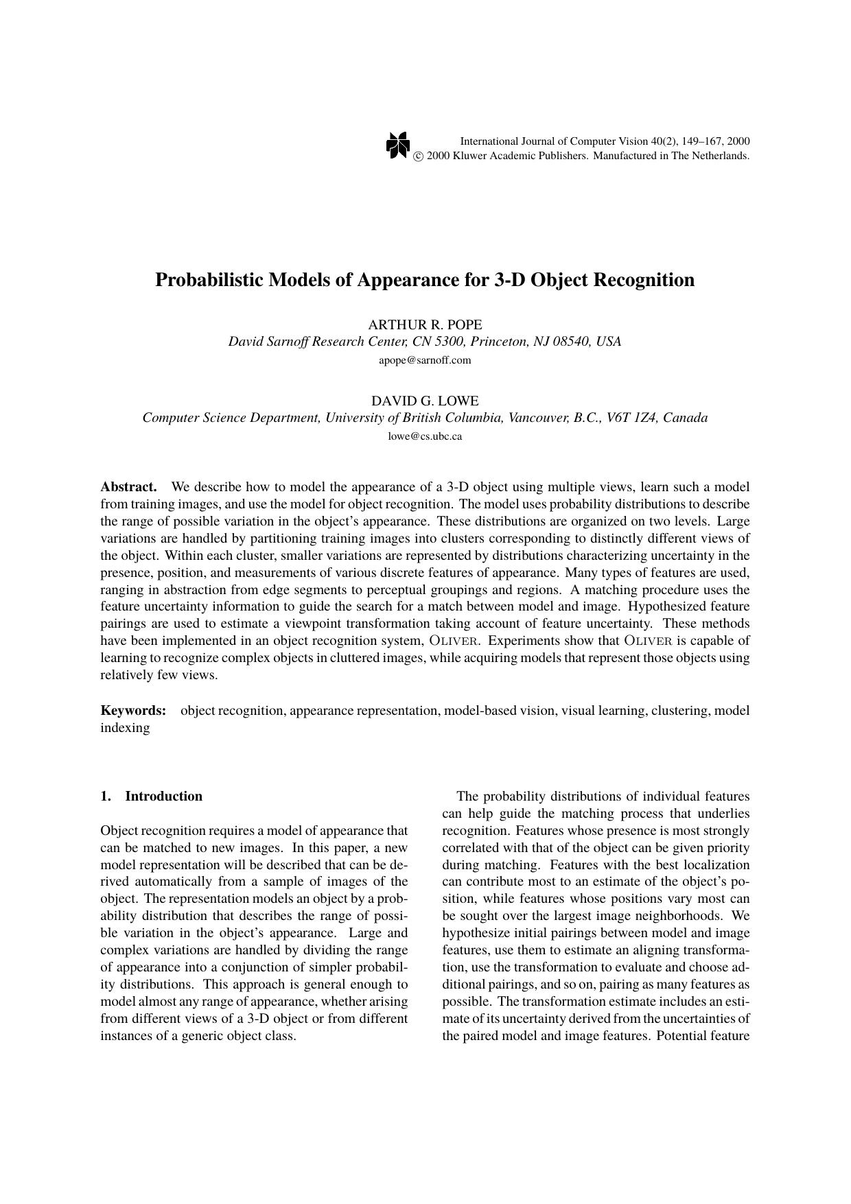 Probabilistic Models of Appearance for 3-D Object Recognition by Probabilistic Models of Appearance for 3-D Object Recognition