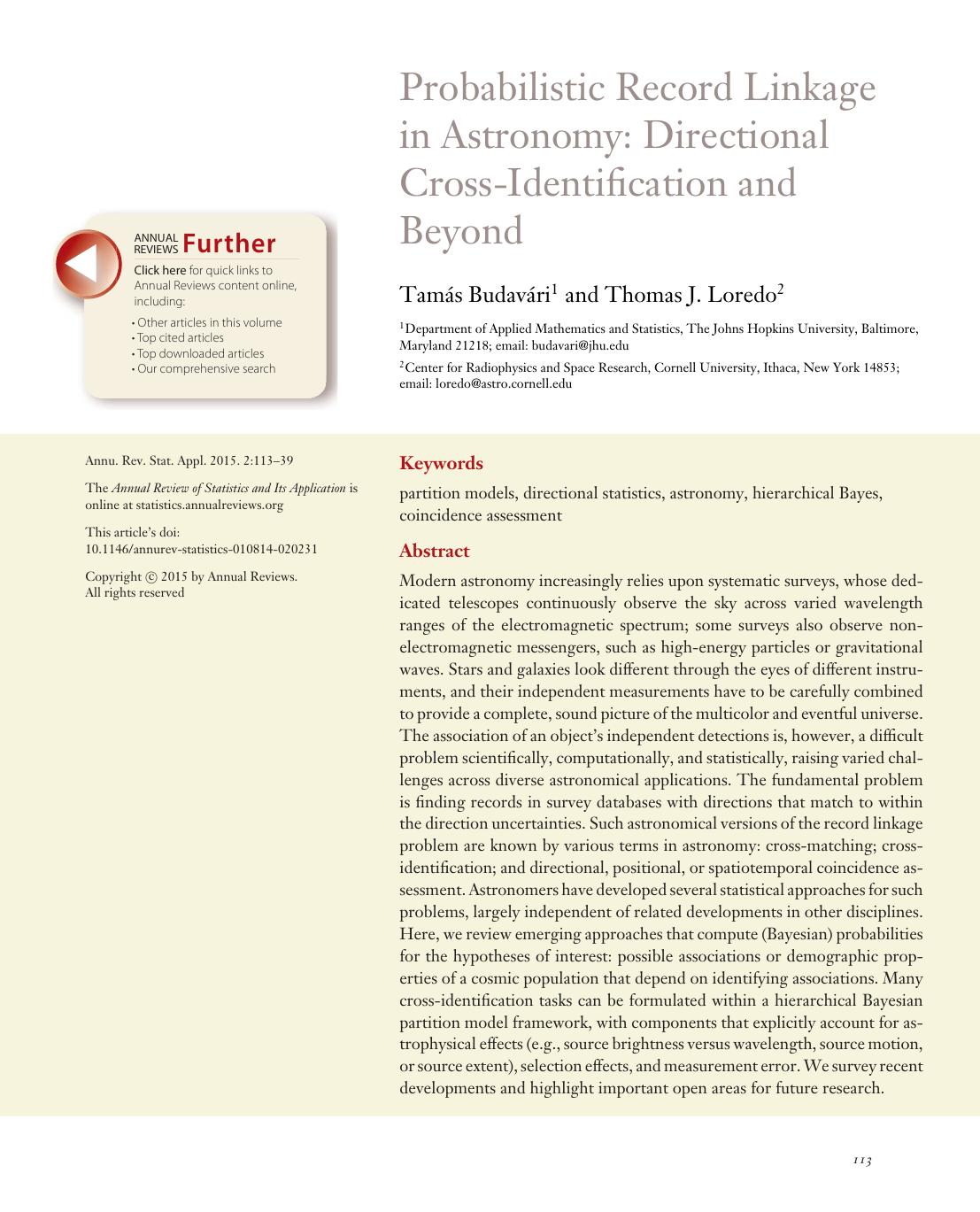 Probabilistic Record Linkage in Astronomy: Directional Cross-Identification and Beyond by Tamás Budavári and Thomas J. Loredo