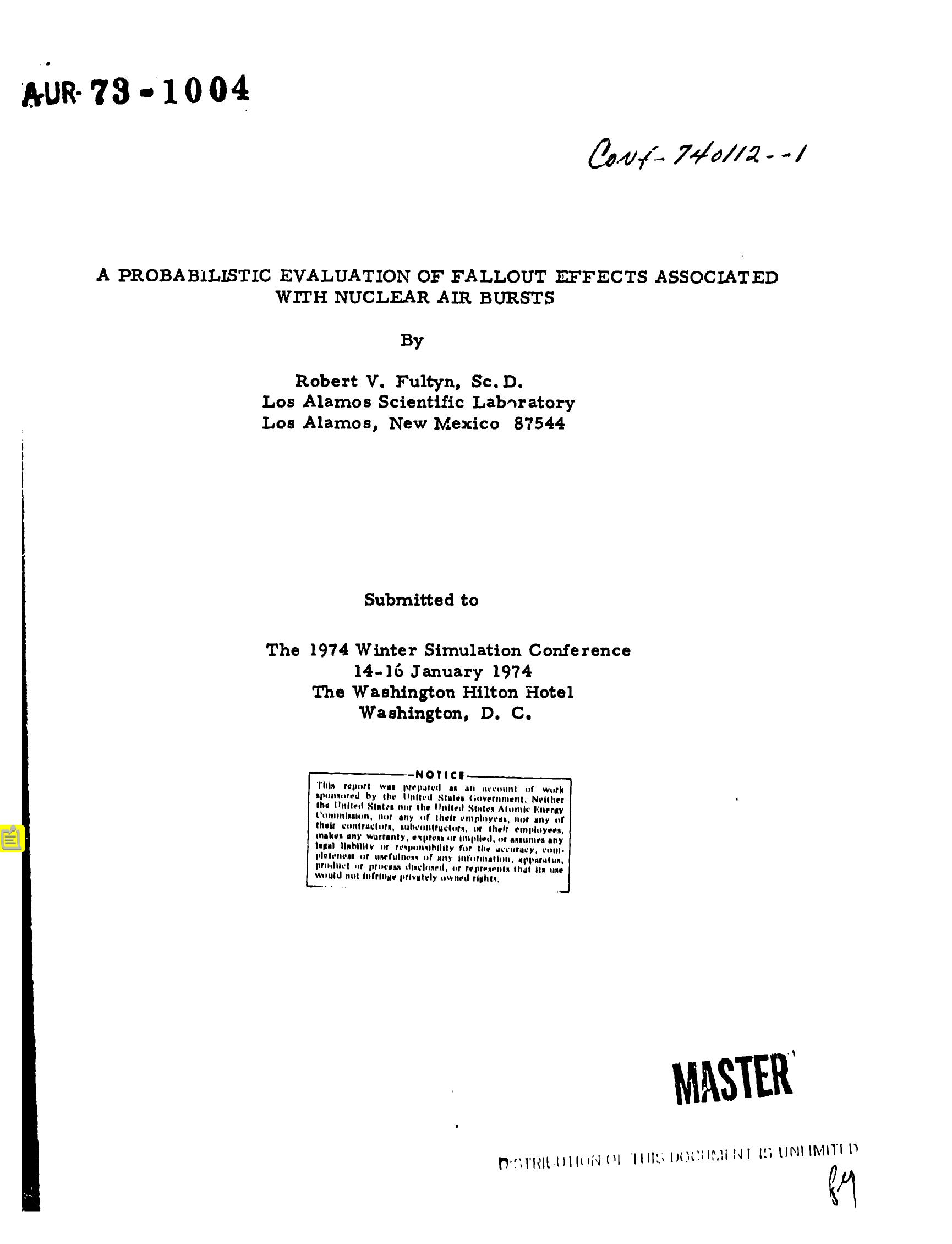 Probabilistic evaluation of fallout effects associated with nuclear air bursts None by LANL Research Library LWW Project