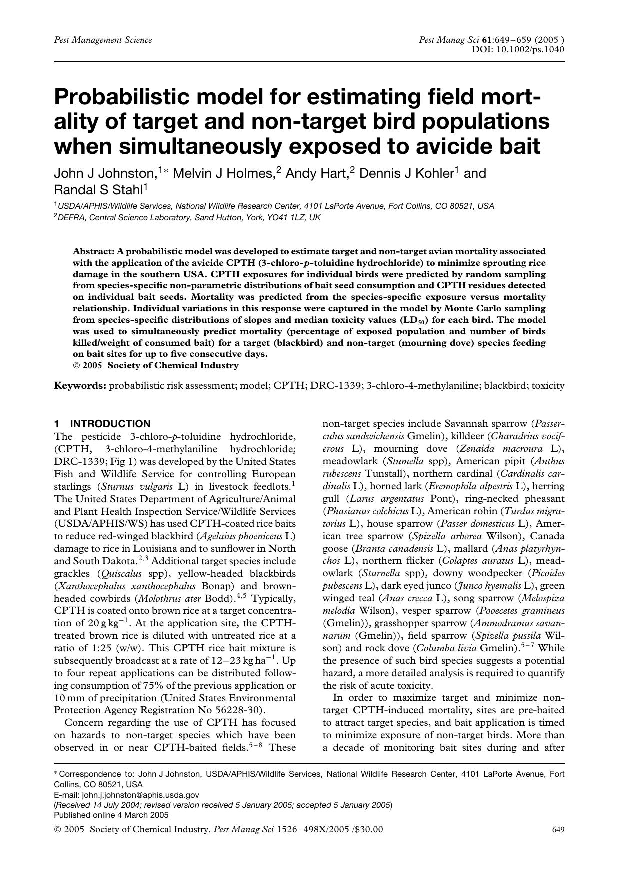 Probabilistic model for estimating field mortality of target and non-target bird populations when simultaneously exposed to avicide bait by Unknown