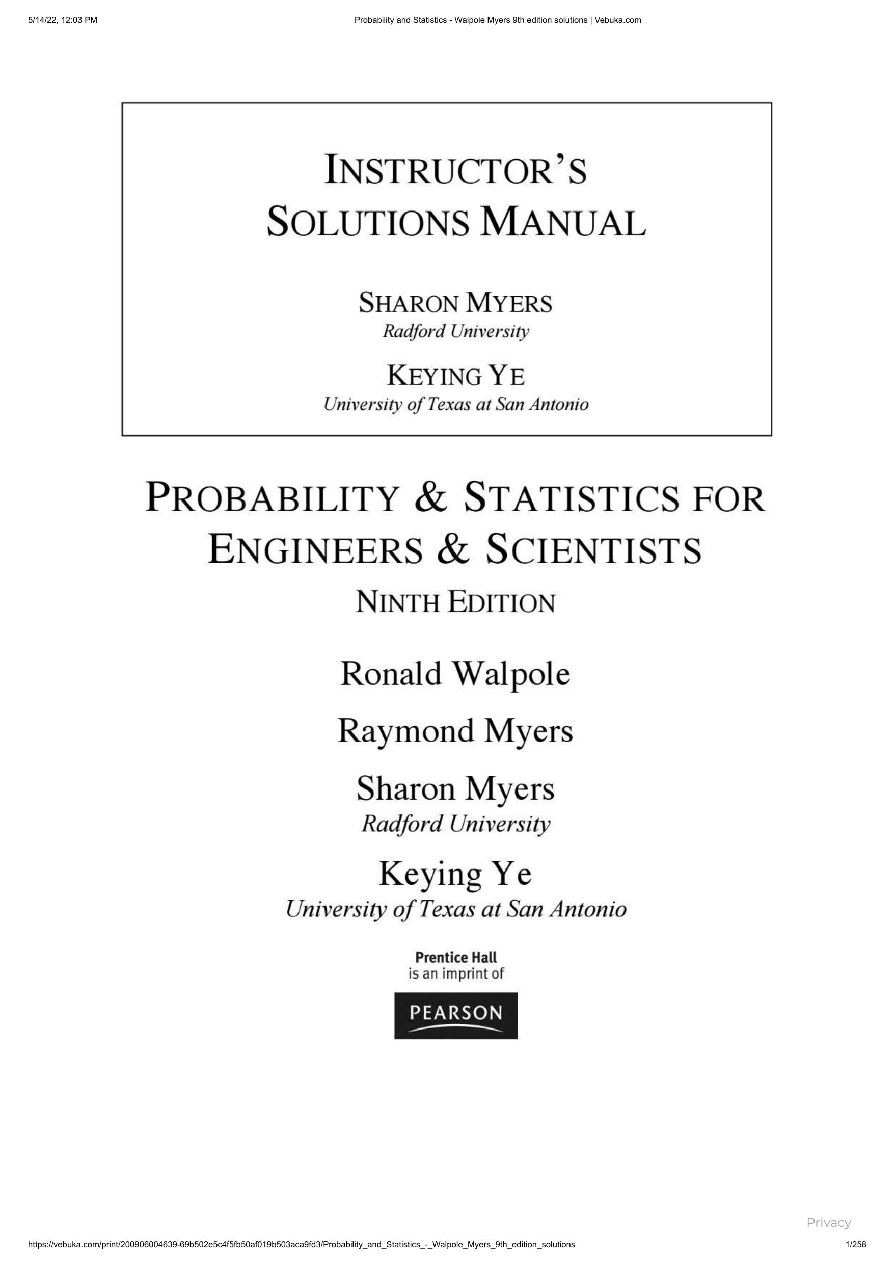 Probability & Statistics for Engineers & Scientists Solutions Manual by Walpole | Myers | Ye