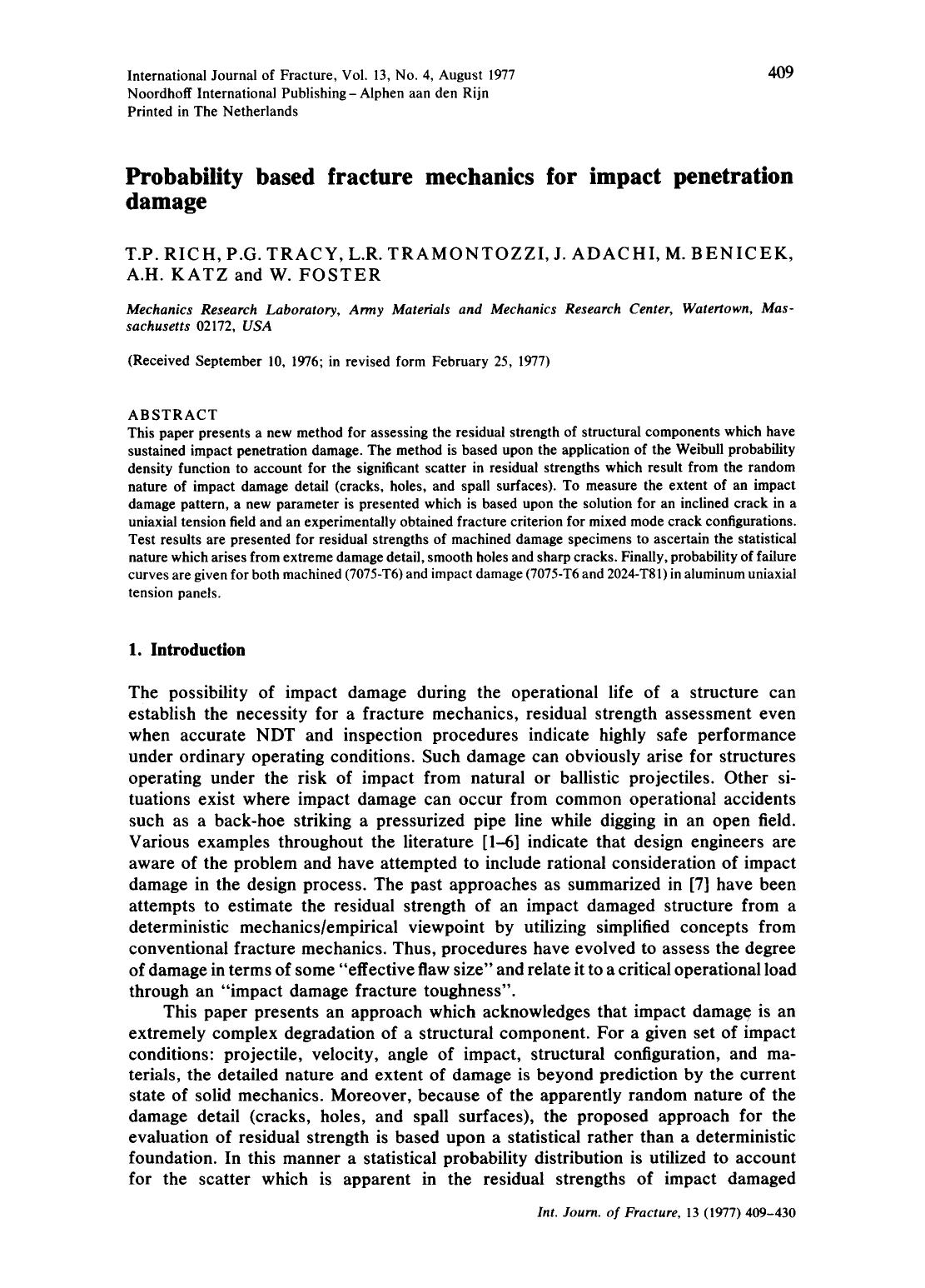 Probability based fracture mechanics for impact penetration damage by Unknown