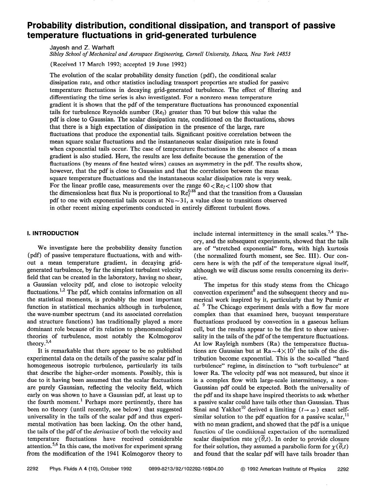 Probability distribution, conditional dissipation, and transport of passive temperature fluctuations in grid-generated turbulence by Jayesh; Z. Warhaft