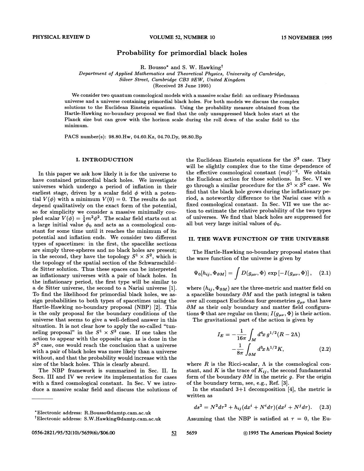 Probability for primordial black holes by R. Bousso & S. W. Hawking