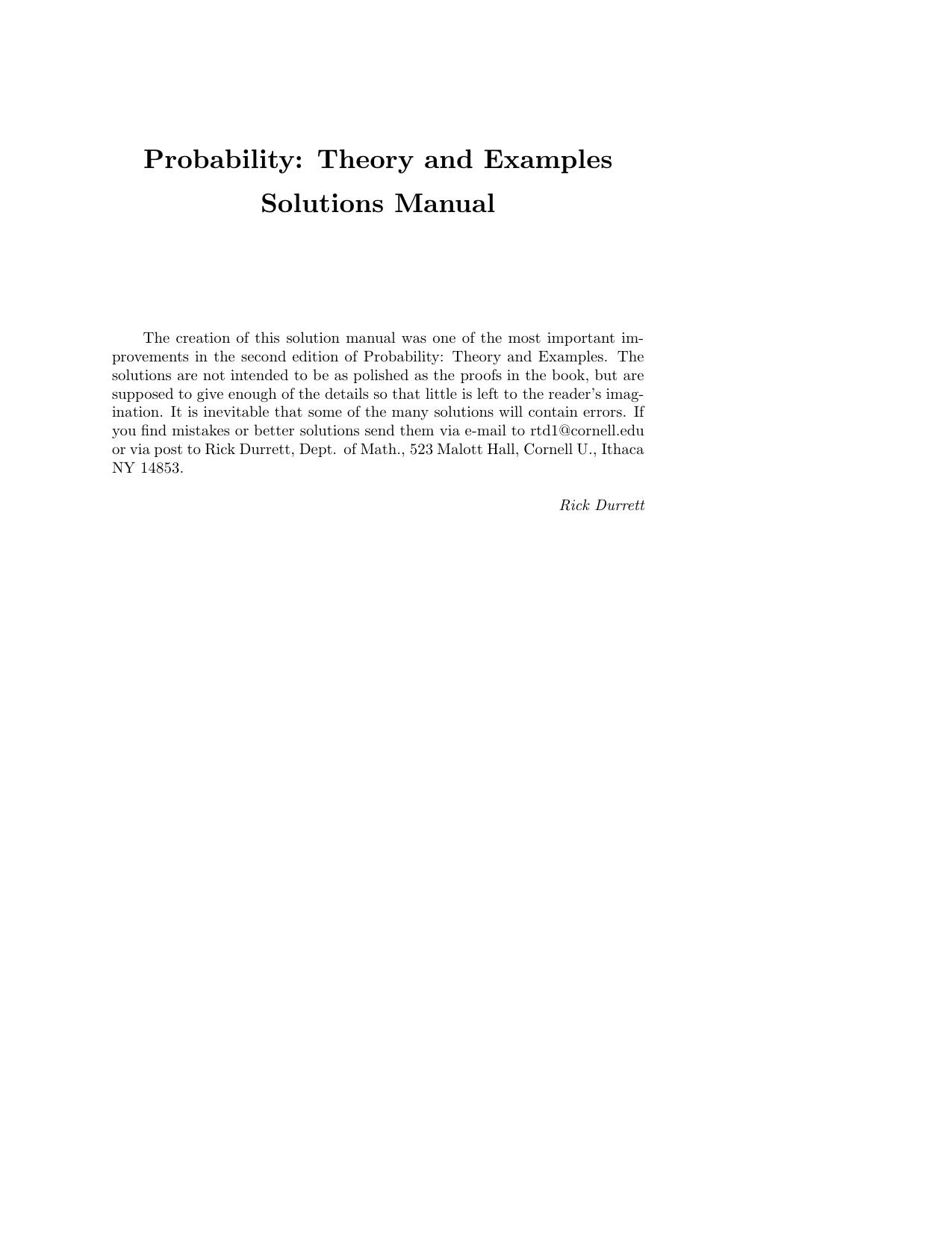 Probability: Theory and Examples Solutions Manual by Rick Durrett