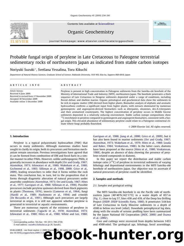 Probable fungal origin of perylene in Late Cretaceous to Paleogene terrestrial sedimentary rocks of northeastern Japan as indicated from stable carbon isotopes by Noriyuki Suzuki; Svetlana Yessalina; Toru Kikuchi