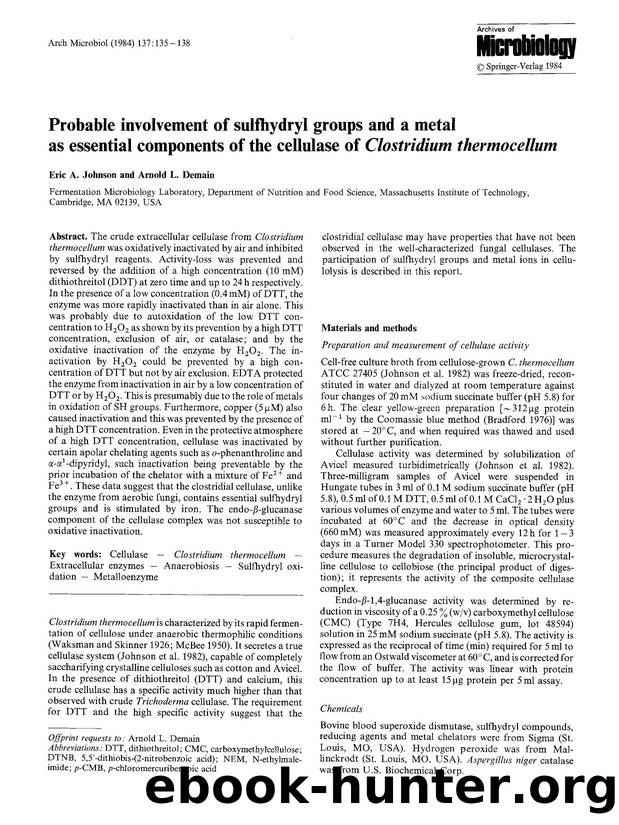 Probable involvement of sulfhydryl groups and a metal as essential components of the cellulase of <Emphasis Type="Italic">Clostridium thermocellum<Emphasis> by Unknown