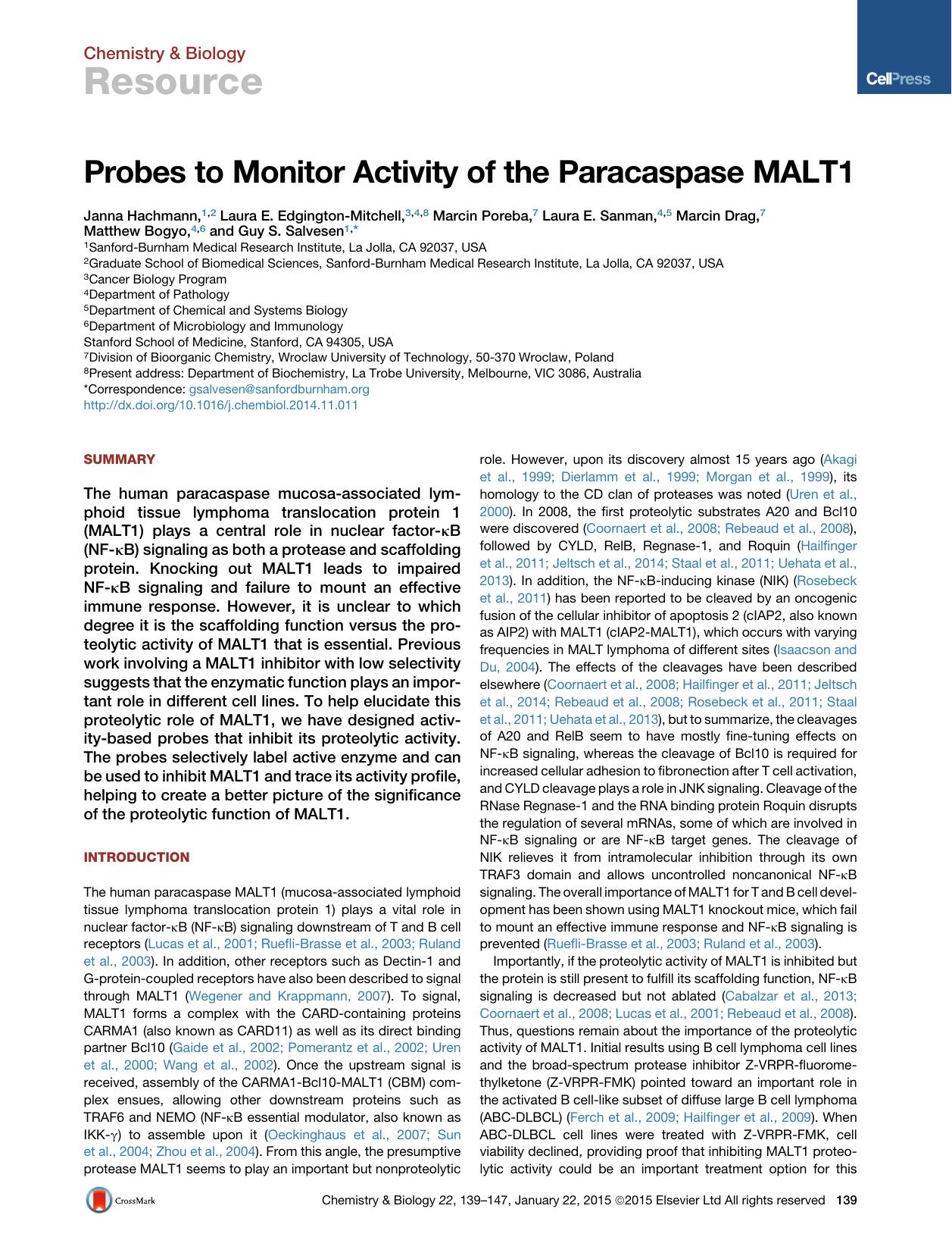 Probes to Monitor Activity of the Paracaspase MALT1 by unknow