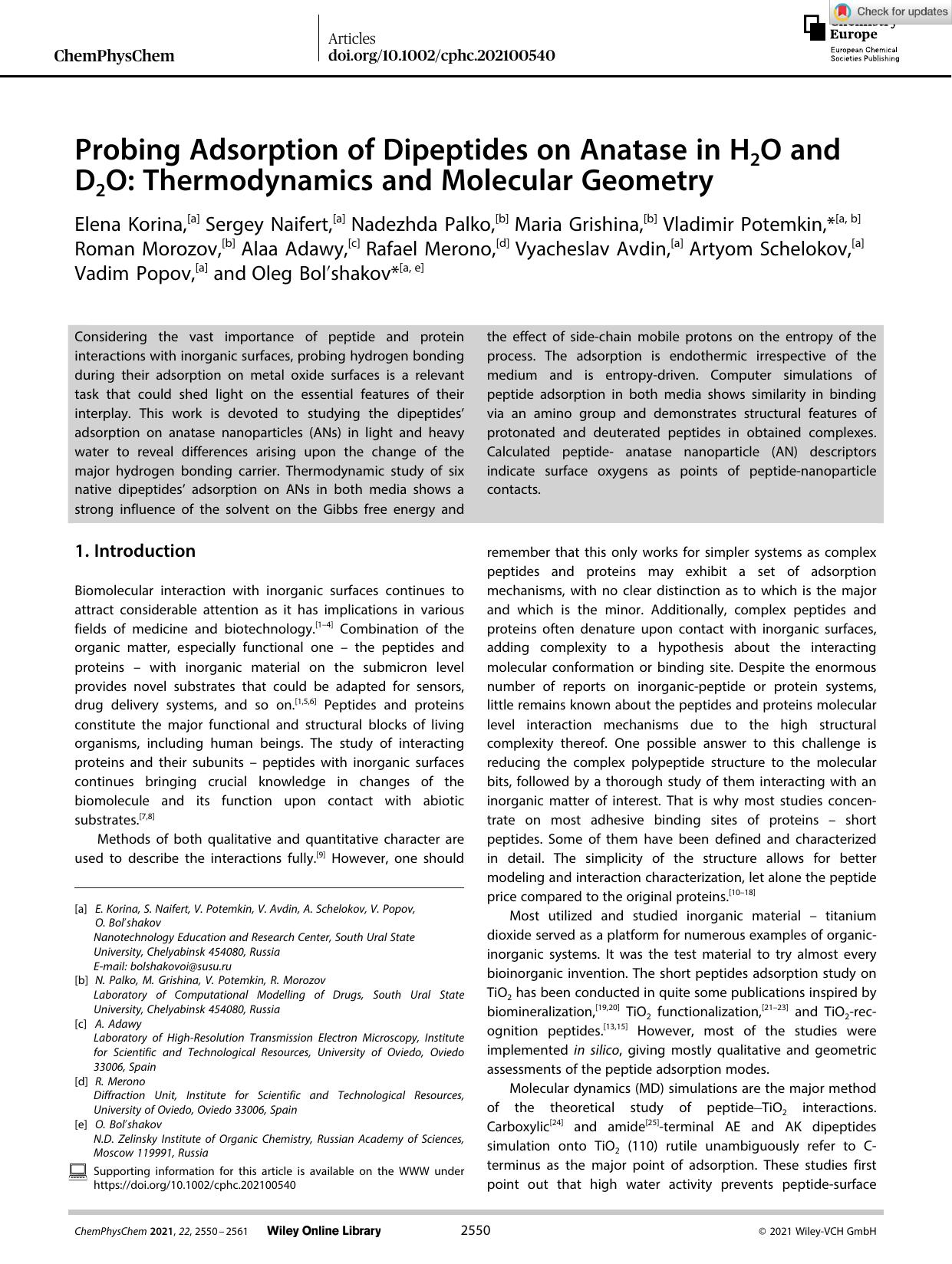 Probing Adsorption of Dipeptides on Anatase in H2O and D2O: Thermodynamics and Molecular Geometry by Unknown