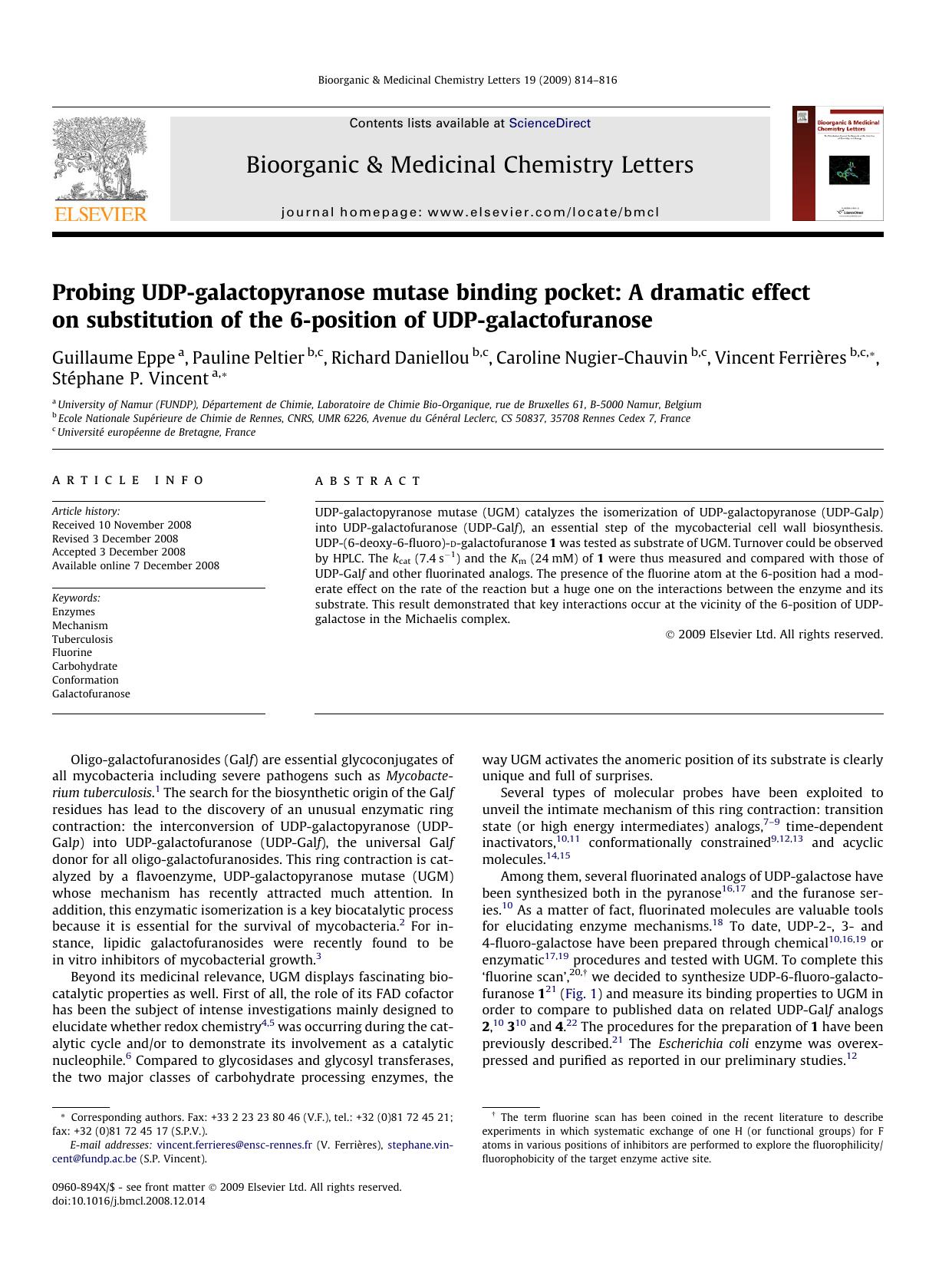 Probing UDP-galactopyranose mutase binding pocket: A dramatic effect on substitution of the 6-position of UDP-galactofuranose by unknow