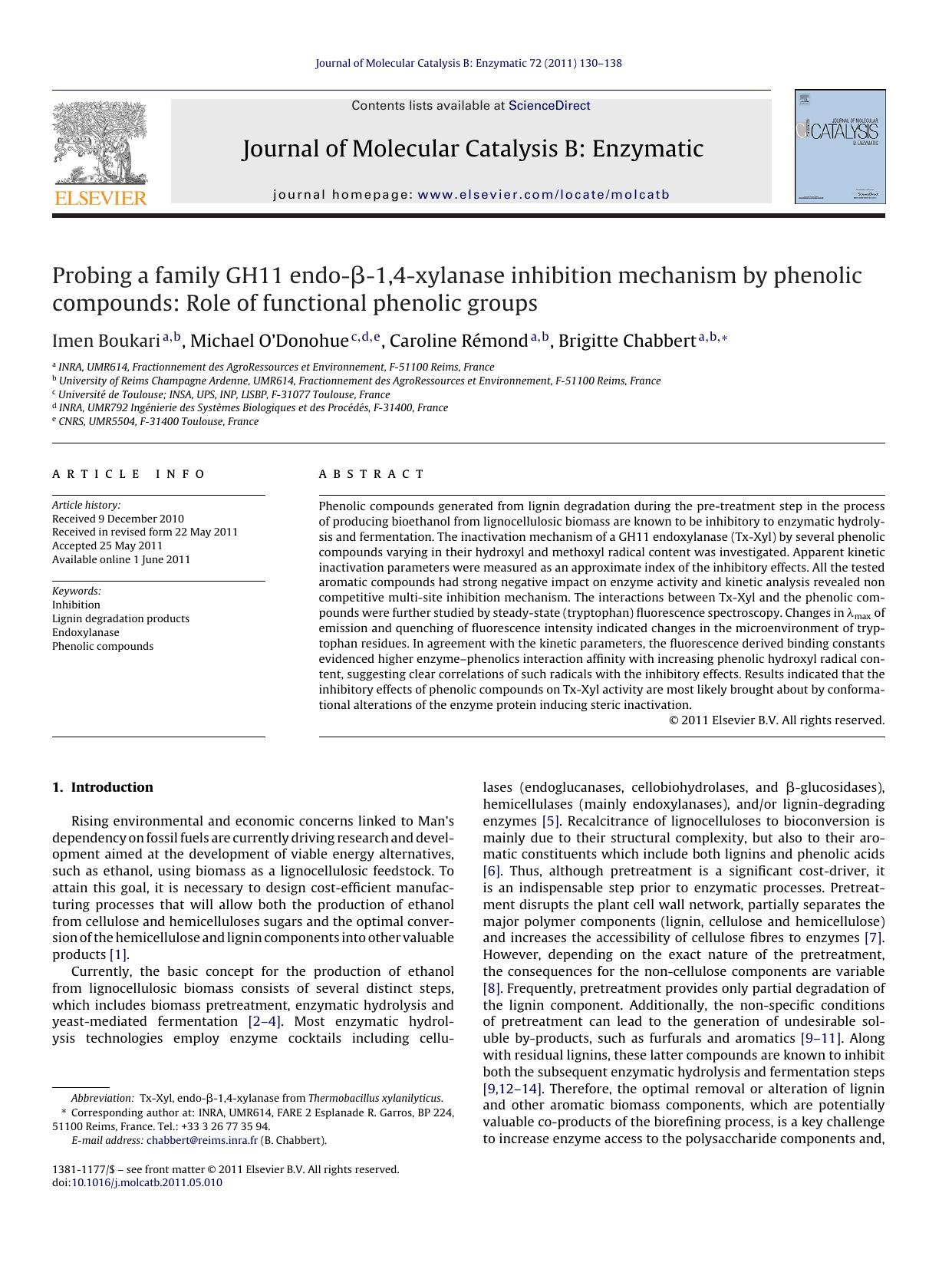 Probing a family GH11 endo-ÃÂ²-1,4-xylanase inhibition mechanism by phenolic compounds: Role of functional phenolic groups by Imen Boukari