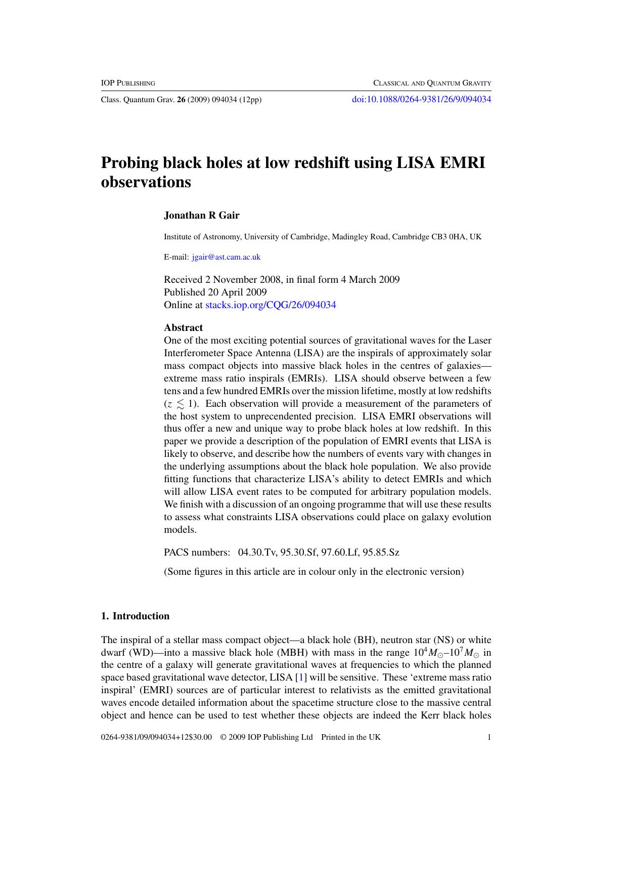Probing black holes at low redshift using LISA EMRI observations by J R Gair