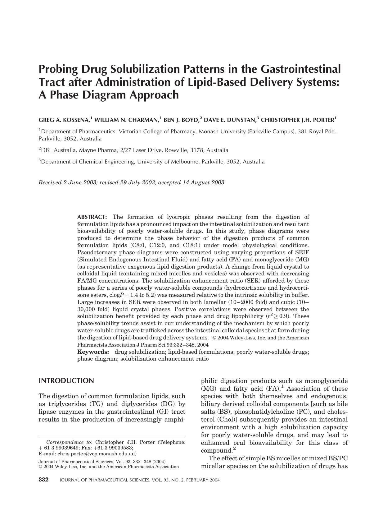 Probing drug solubilization patterns in the gastrointestinal tract after administration of lipid-based delivery systems: A phase diagram approach by Unknown
