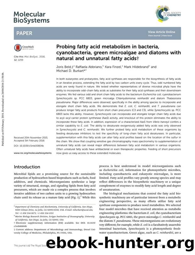 Probing fatty acid metabolism in bacteria, cyanobacteria, green microalgae and diatoms with natural and unnatural fatty acids by Joris Beld & Raffaela Abbriano & Kara Finzel & Mark Hildebrand & Michael D. Burkart