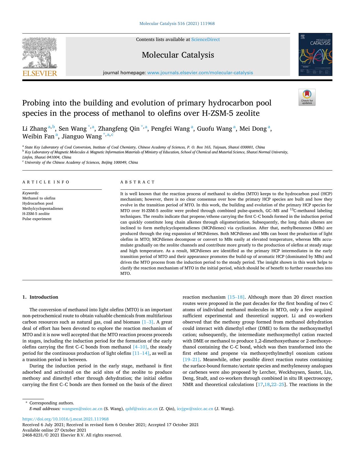 Probing into the building and evolution of primary hydrocarbon pool species in the process of methanol to olefins over H-ZSM-5 zeolite by unknow