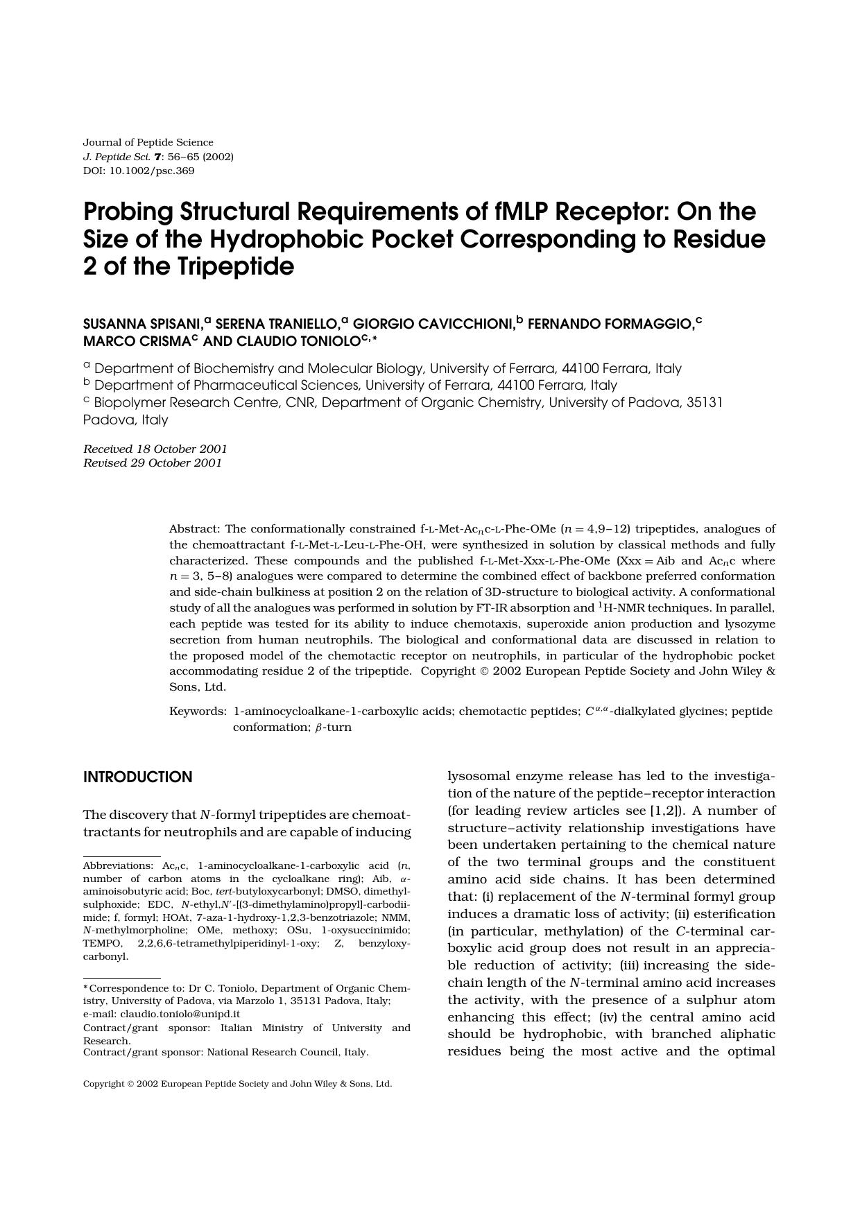 Probing structural requirements of fMLP receptor: On the size of the hydrophobic pocket corresponding to residue 2 of the tripeptide by Unknown