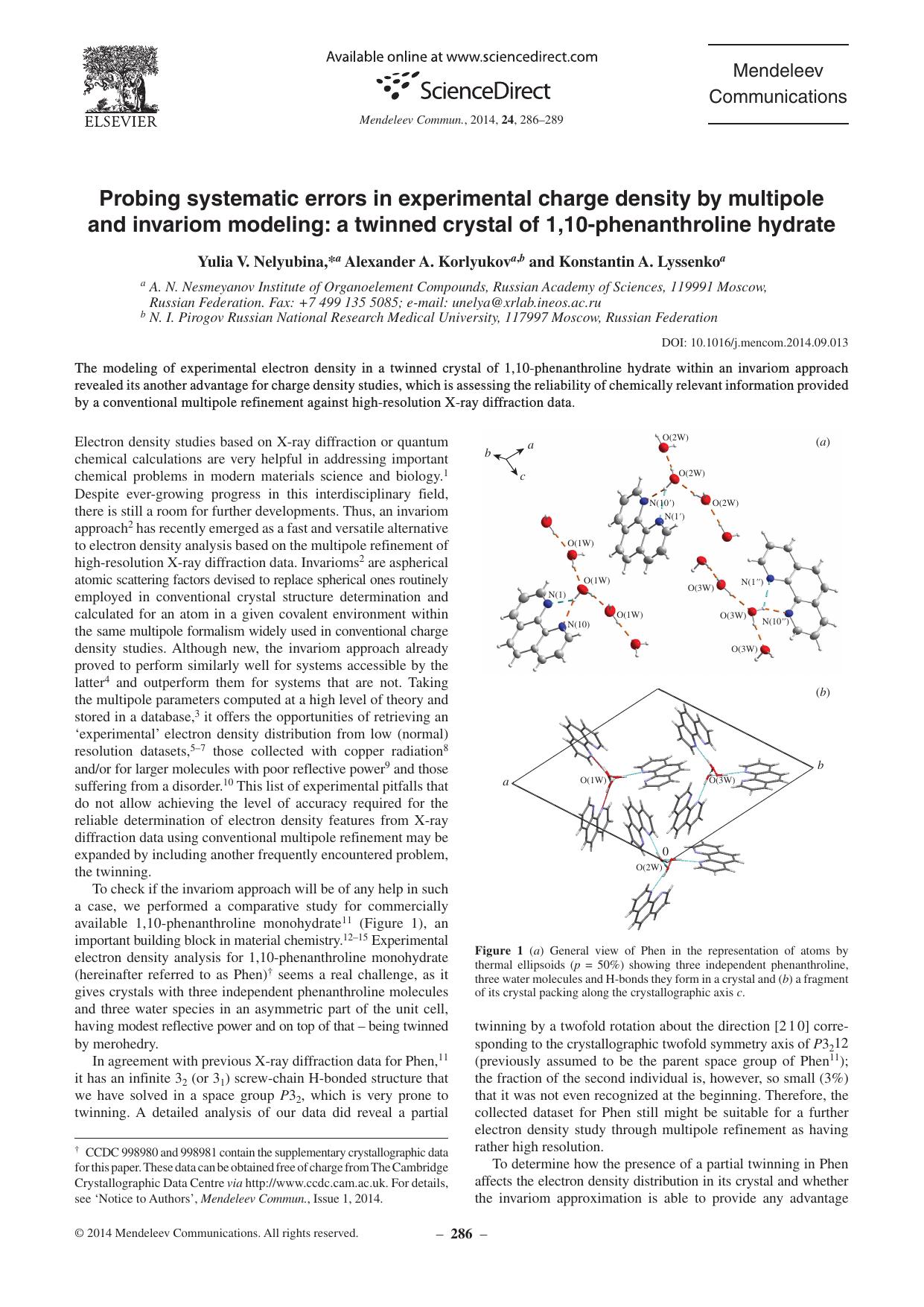 Probing systematic errors in experimental charge density by multipole and invariom modeling: a twinned crystal of 1,10-phenanthroline hydrate by td-73827 & Alexander A. Korlyukov & Konstantin A. Lyssenko