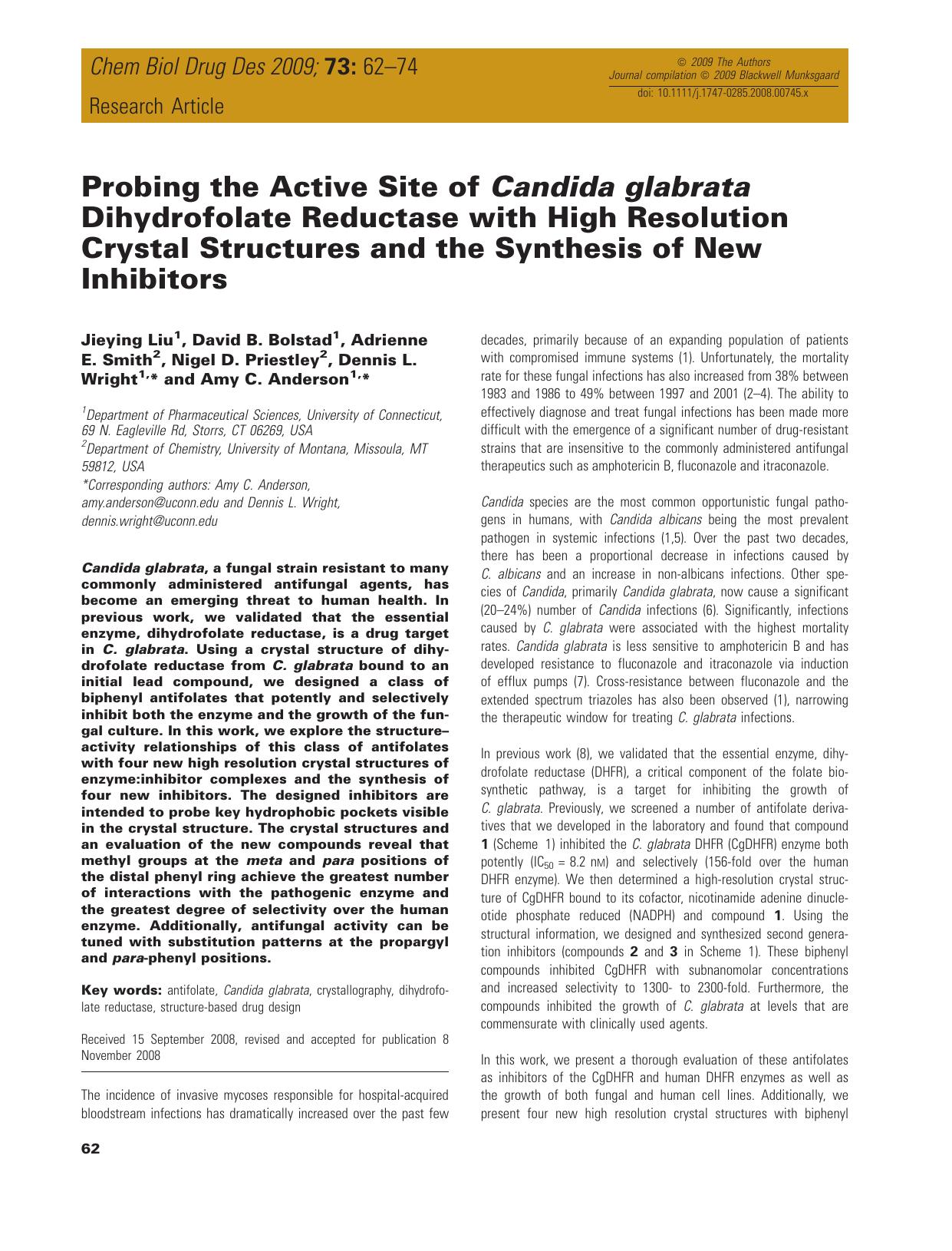 Probing the Active Site of Candida glabrata Dihydrofolate Reductase with High Resolution Crystal Structures and the Synthesis of New Inhibitors by unknow