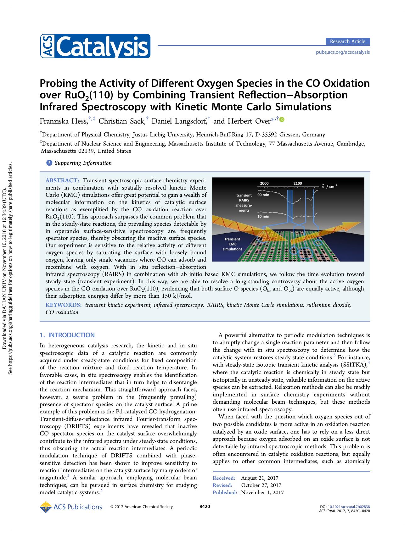 Probing the Activity of Different Oxygen Species in the CO Oxidation over RuO2(110) by Combining Transient ReflectionâAbsorption Infrared Spectroscopy with Kinetic Monte Carlo Simulations by Franziska Hess Christian Sack Daniel Langsdorf & Herbert Over