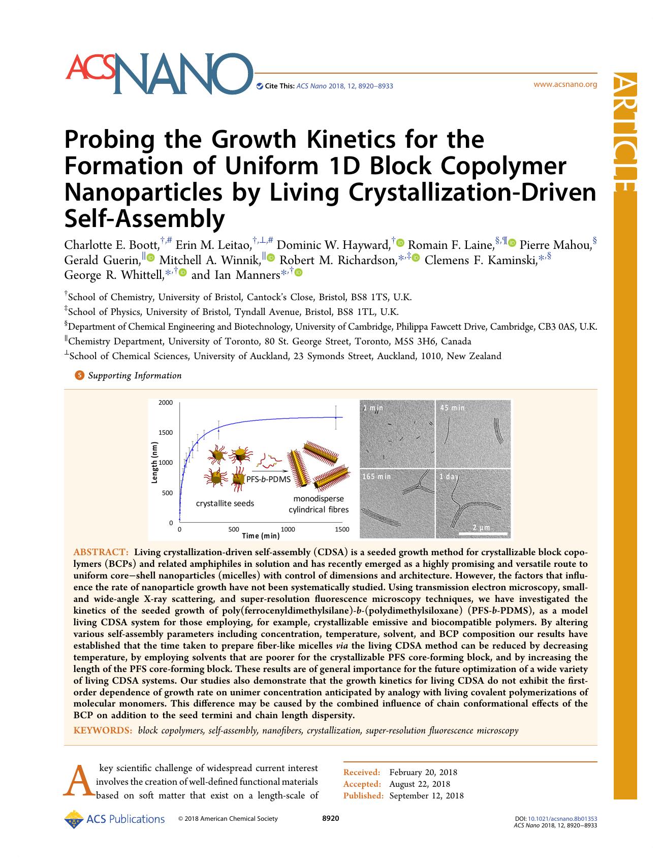Probing the Growth Kinetics for the Formation of Uniform 1D Block Copolymer Nanoparticles by Living Crystallization-Driven Self-Assembly by unknow