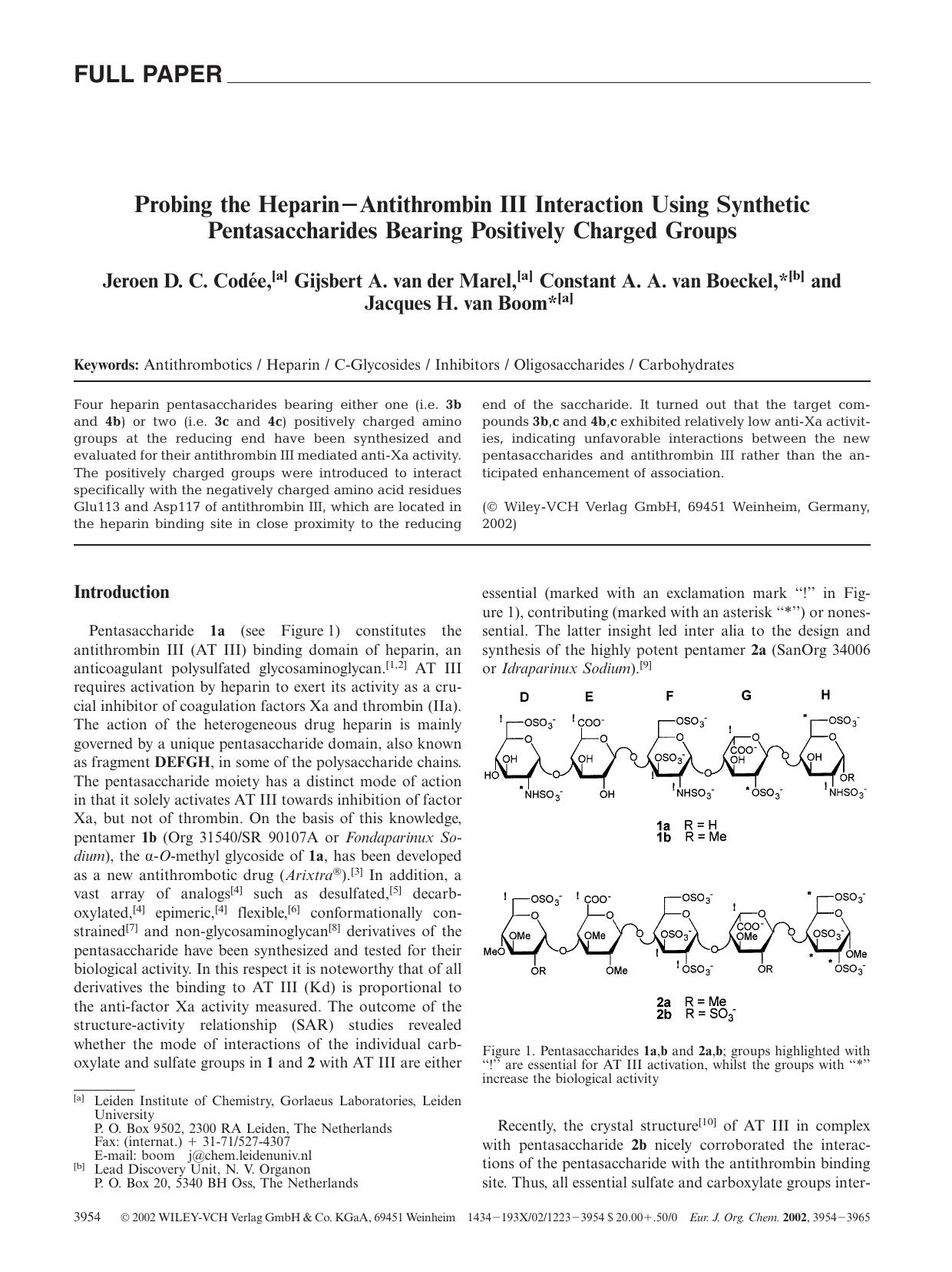 Probing the Heparin-Antithrombin III Interaction Using Synthetic Pentasaccharides Bearing Positively Charged Groups by Unknown