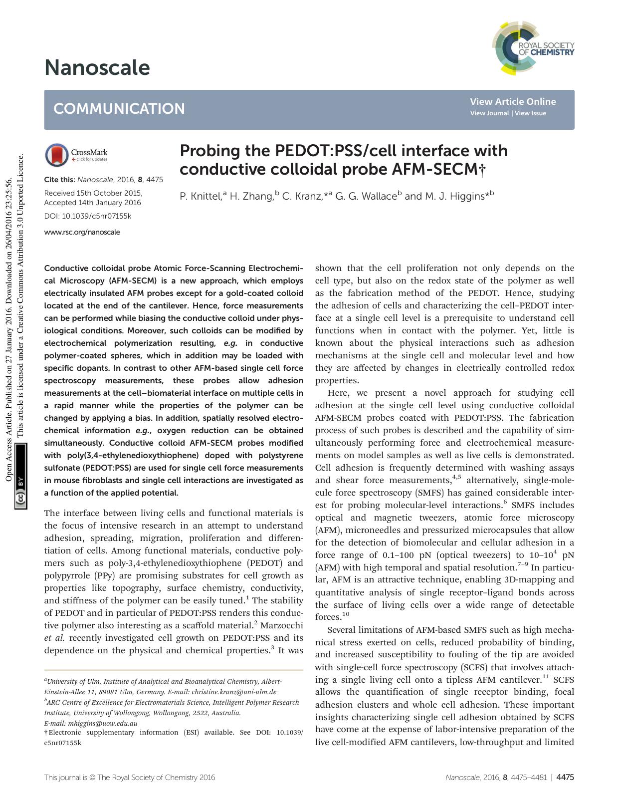 Probing the PEDOT:PSScell interface with conductive colloidal probe AFM-SECM by P. Knittel H. Zhang C. Kranz G. G. Wallace M. J. Higgins