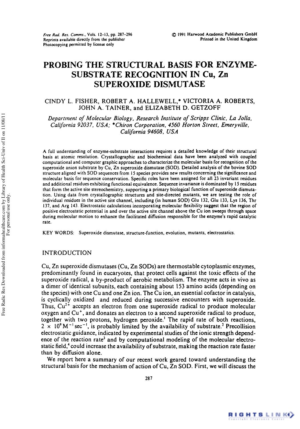Probing the Structural Basis for Enzyme-Substrate Recognition In Cu, Zn Superoxide Dismutase by unknow