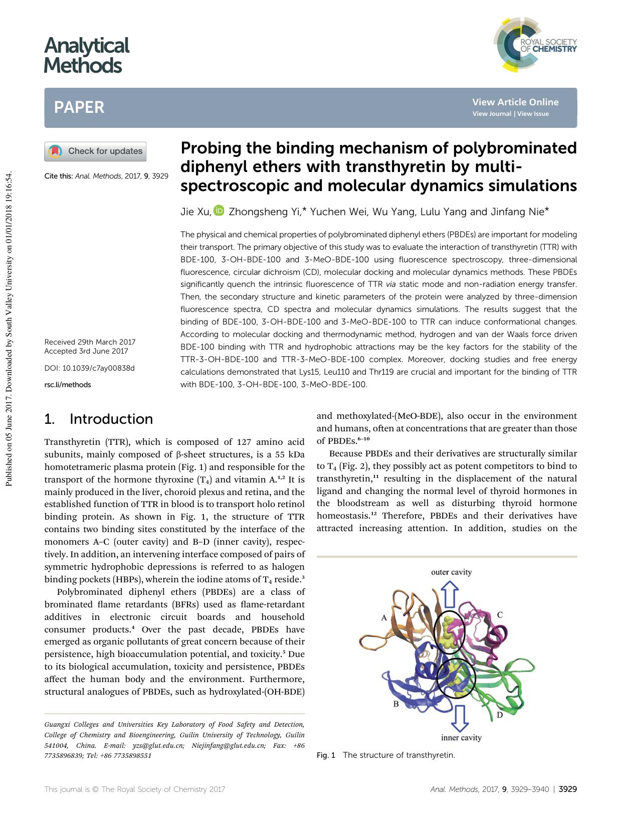 Probing the binding mechanism of polybrominated diphenyl ethers with transthyretin by multi-spectroscopic and molecular dynamics simulations by Jie Xu & Zhongsheng Yi & Yuchen Wei & Wu Yang & Lulu Yang & Jinfang Nie