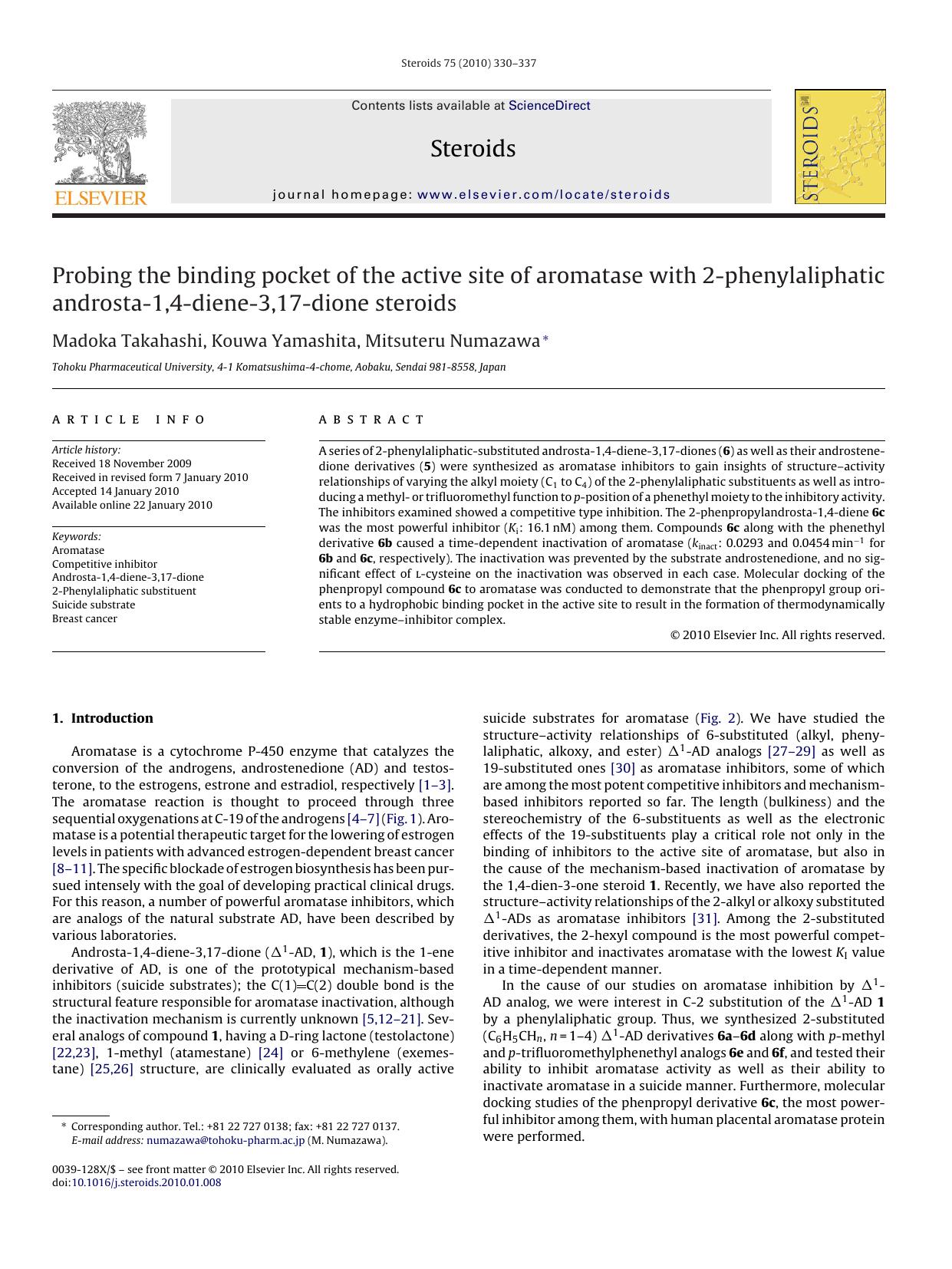 Probing the binding pocket of the active site of aromatase with 2-phenylaliphatic androsta-1,4-diene-3,17-dione steroids by Madoka Takahashi; Kouwa Yamashita; Mitsuteru Numazawa
