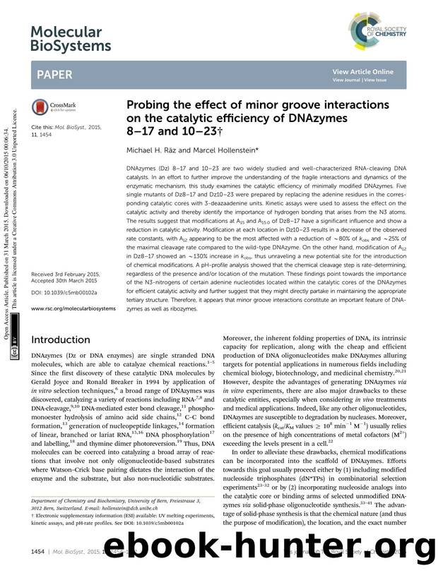 Probing the effect of minor groove interactions on the catalytic efficiency of DNAzymes 8–17 and 10–23 by Michael H. R&äz & Marcel Hollenstein