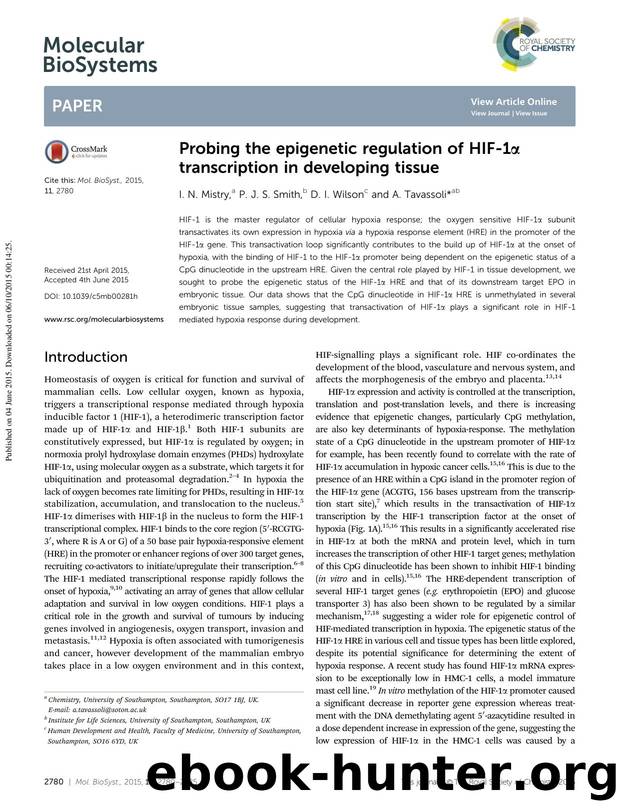 Probing the epigenetic regulation of HIF-1α transcription in developing tissue by I. N. Mistry & P. J. S. Smith & D. I. Wilson & A. Tavassoli