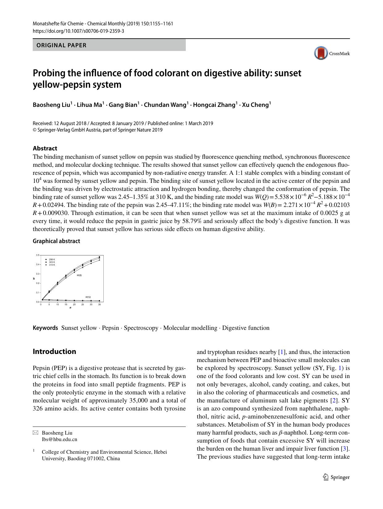 Probing the influence of food colorant on digestive ability: sunset yellow-pepsin system by Baosheng Liu & Lihua Ma & Gang Bian & Chundan Wang & Hongcai Zhang & Xu Cheng